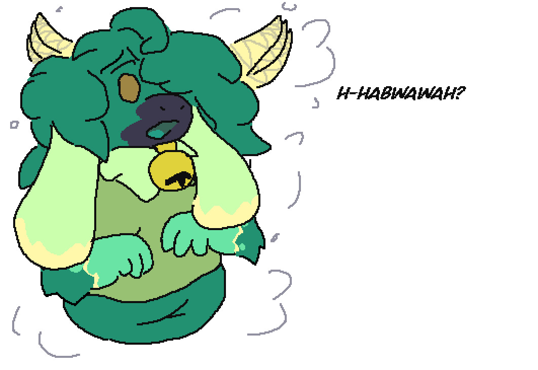 A green cottonball demon looking surprised with poofs of mist around them. Text reads "H-HABWAWAH?"