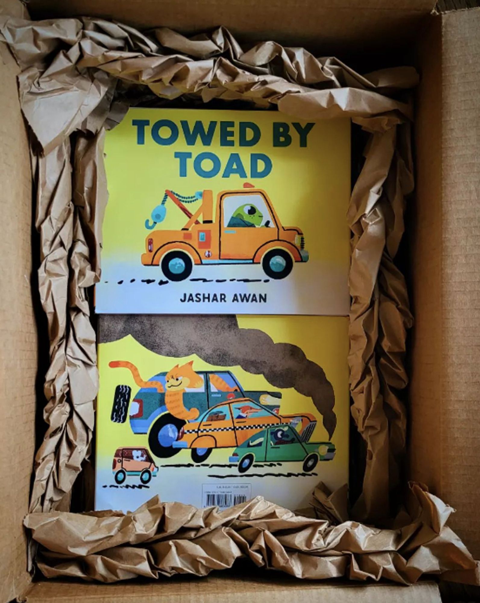 Opened box with filled with paper and copies of the book Towed by Toad which has a Toad driving a tow truck on the cover and a variety of animals driving vehicles on the back cover