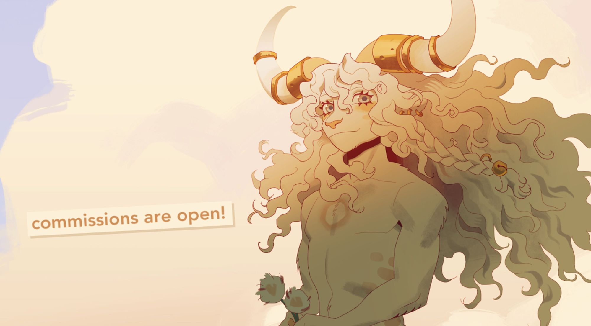 A drawing of an anthropomorphic character with feline facial features, big bovine horns, and long curling hair swept behind them in the breeze. They are holding two dandelions in their hands, and are turned to the viewer with a smile. The text next to them reads "commissions are open!"