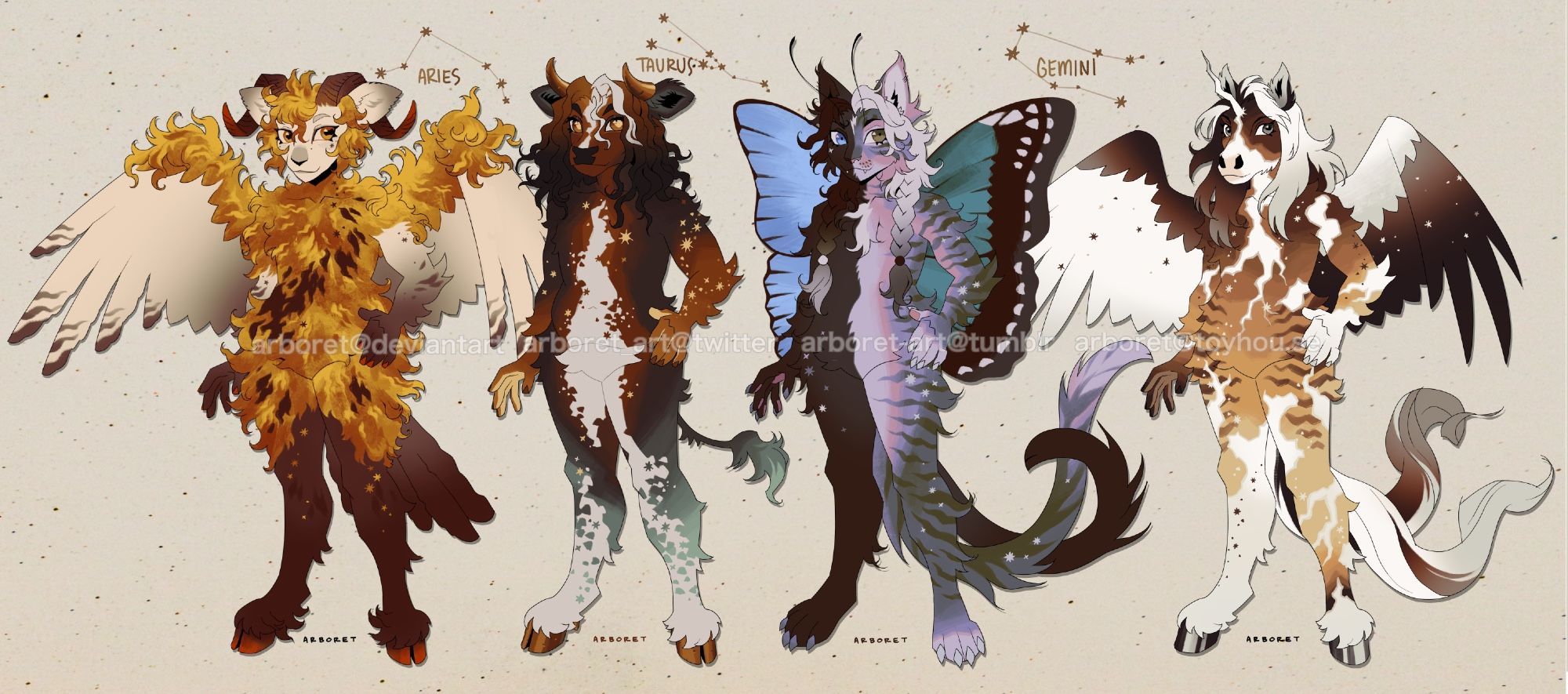 Four anthropomorphic characters standing in a row on a light beige starry background- the first on the left is a golden winged ram inspired by the zodiac sign Aries, the second is a spotted bull inspired by Taurus, the third is a cat with butterfly wings inspired by Gemini, and the fourth is a winged horse also inspired by Gemini.