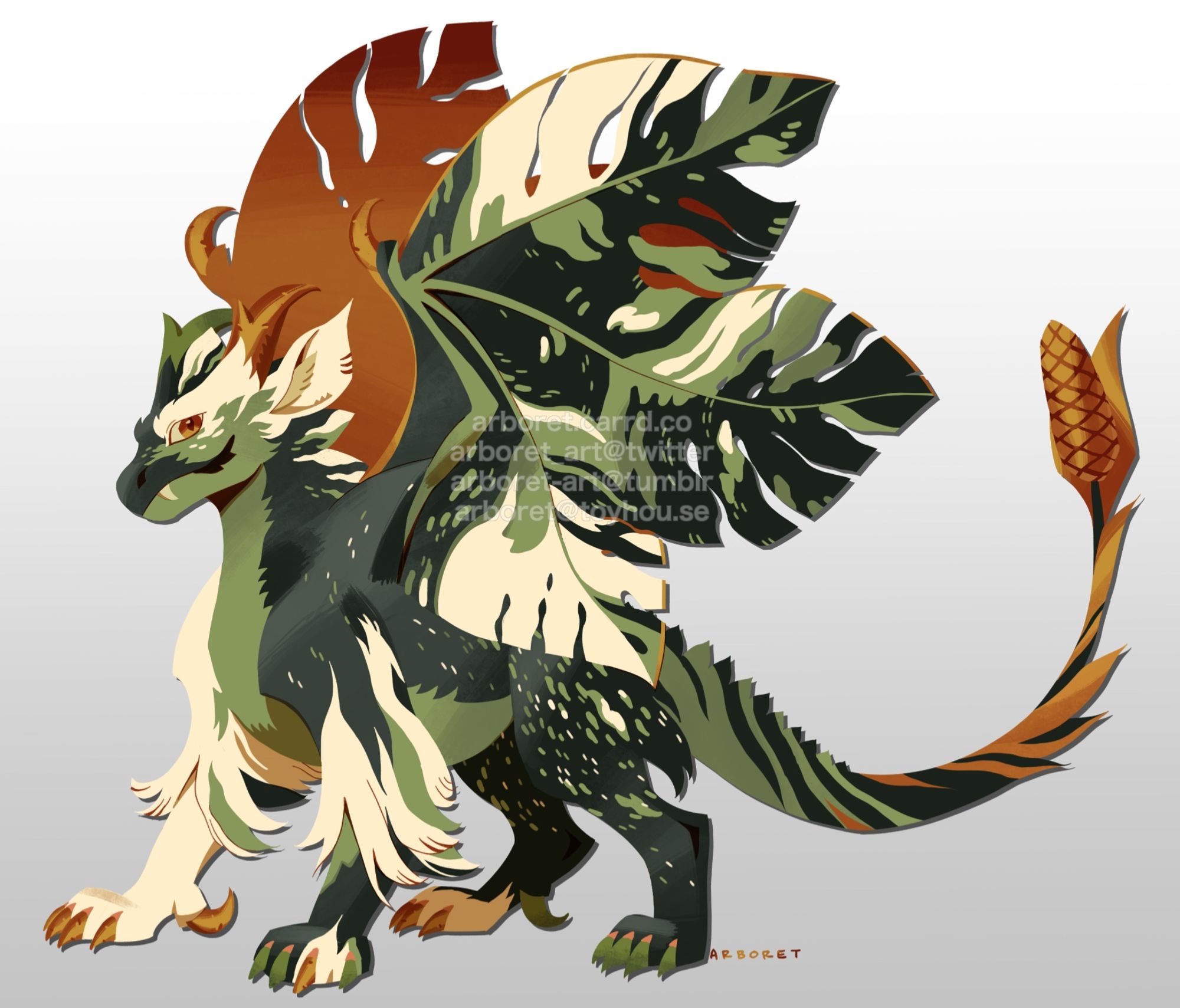 A drawing of a dragon with a monstera deliciosa themed design. Its wings are shaped like leaves, it is covered in white and green stripes like a variegated plant, and it has gold accents on its claws, horns, wings, and tail.