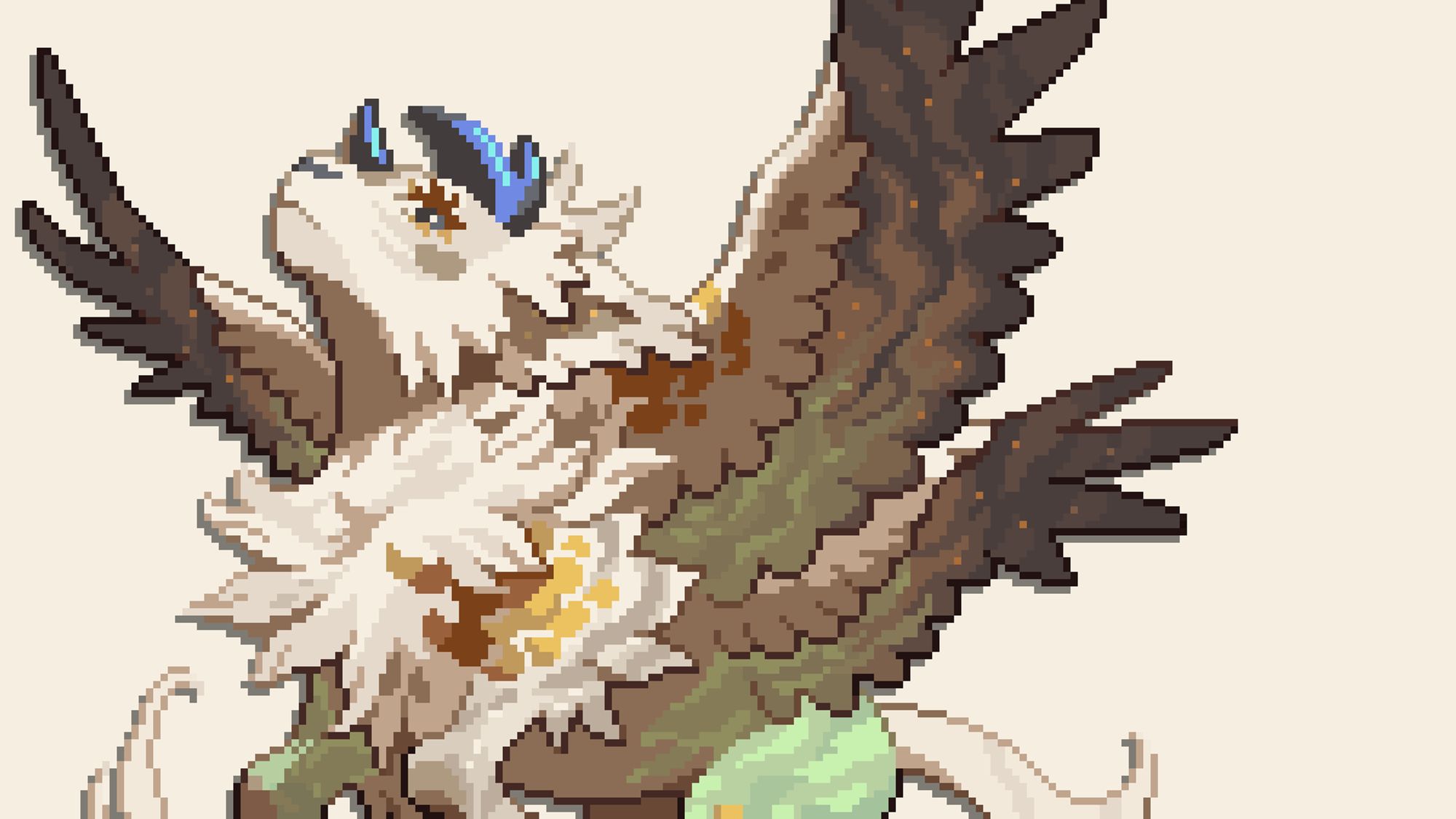 A pixel art drawing of a pouflon with their wings outstretched.