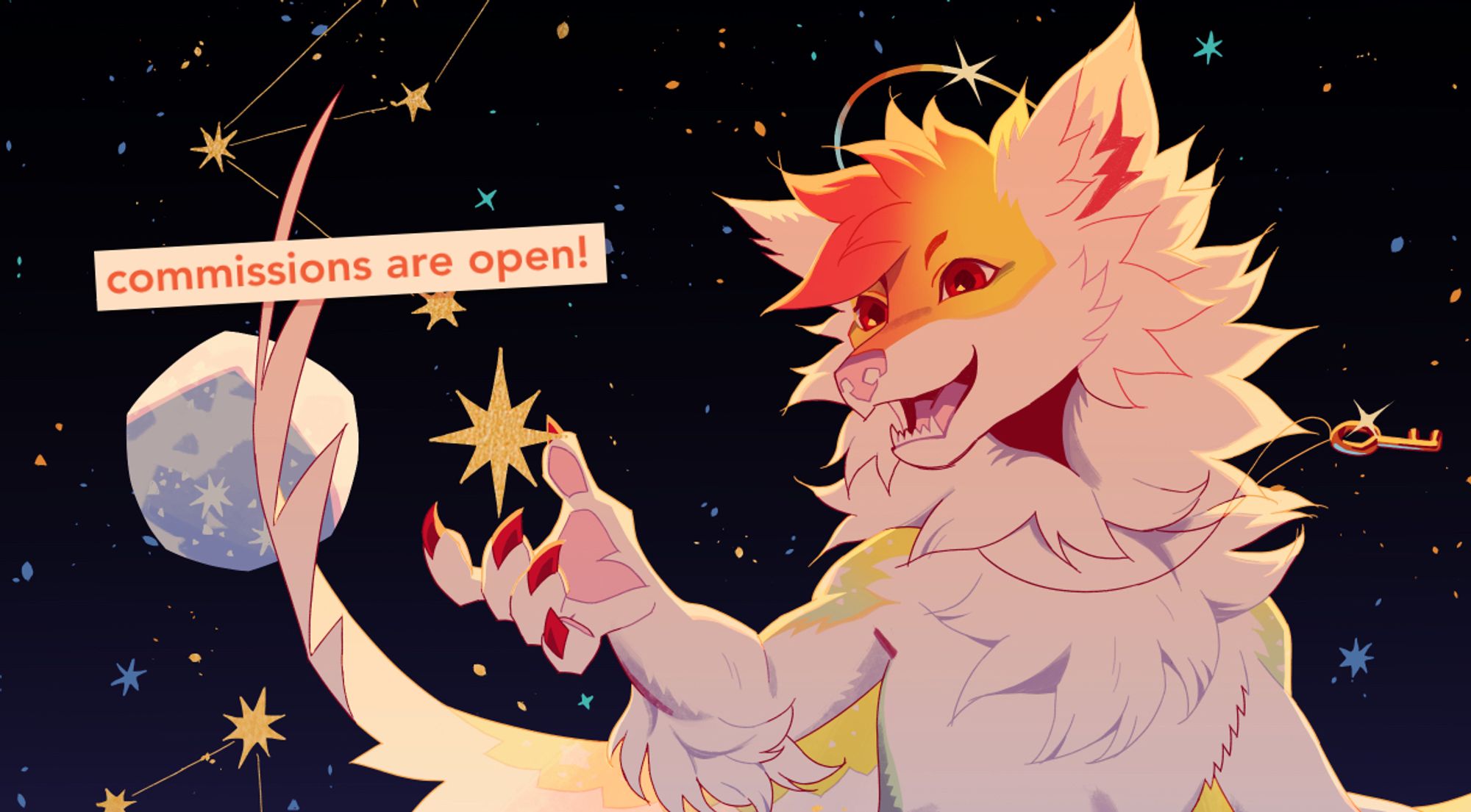 A drawing of a colorful anthropomorphic fox, arm outstretched to cup a golden star in their hand, with a joyful expression on their face. The background is a night sky, with star constellations and a moon visible behind the fox's wing. Text reading "commissions are open!" is positioned over their wing.