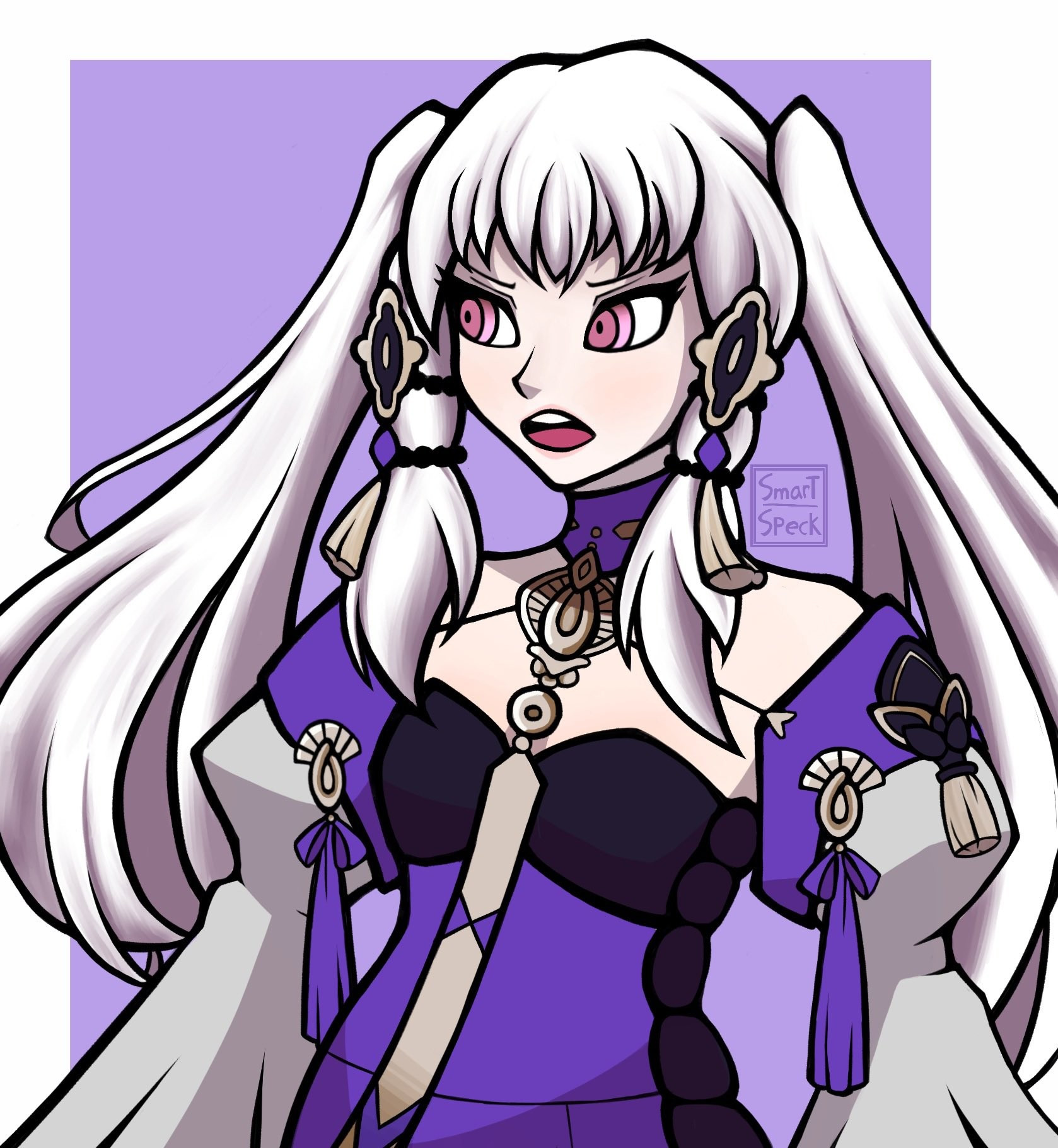 Lysithea Von Ordelia from Fire Emblem three Houses. Purple time-skip dress, white hair in twin tail style, pink eyes, looking to her right (viewer's left) with a slightly angry expression.