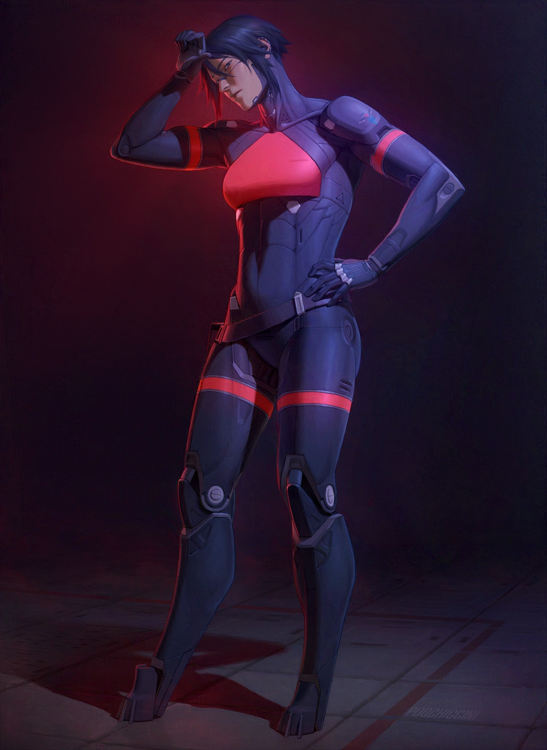 An illustration of Elster from SIGNALIS, posed against a hazy background that's reminiscent of the Penrose-512 interior. An eerie red light illuminates her from behind.