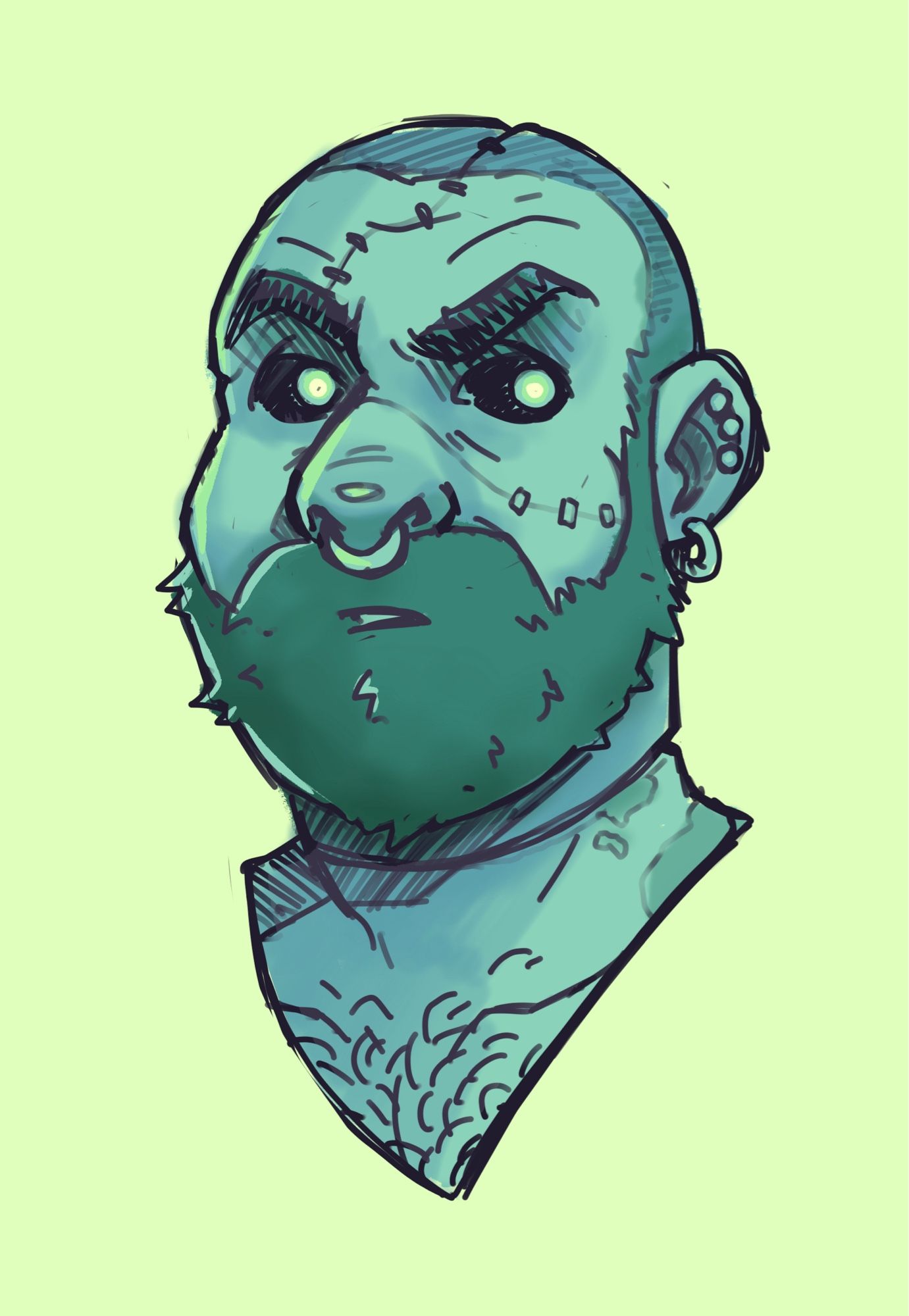 Zombie/monster self portrait sketch of the artist, Darby. A bearded queer man.