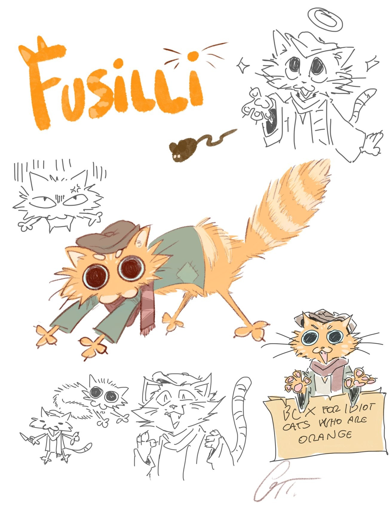 Sketchdump of an anthro orange kitten looking especially skrunkly. He's dressed like one of those poor street kids from the 20's, even has a lil hat. His name is Fusilli and he's ready to commit silly crimes 