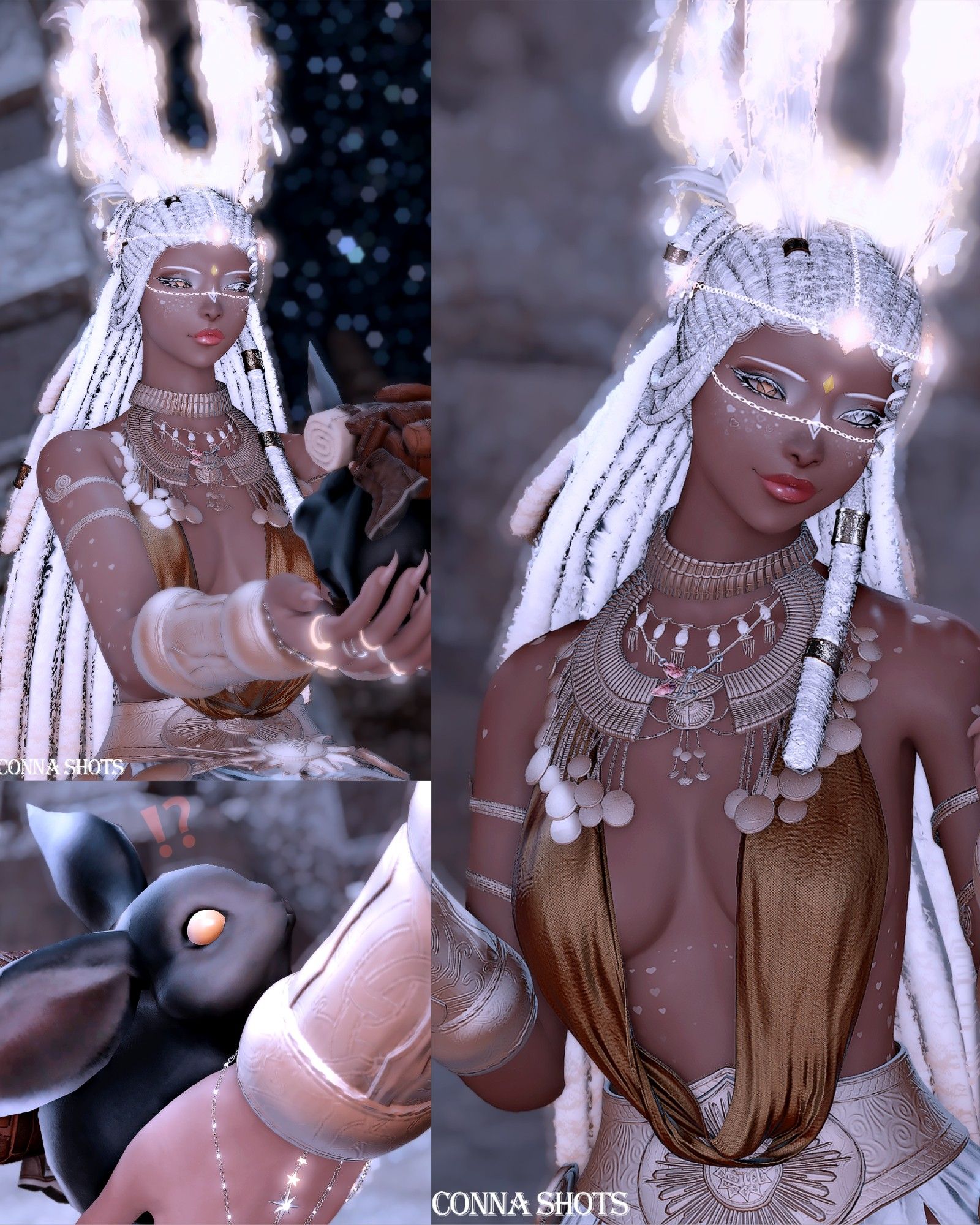 * Conna is a 159-year-old Viera from Final Fantasy 14. Her hair is all white with gold highlights . They are locs with gold clasps on them.  Her clothes colors are usually gold and white. This is her theme. Conna has Heterochromia. Her left eye is gold, and her right is white. She often has claws that are the same color as her complexion. Her shade is that of a normal Rava Viera brown. Conna is autistic she does not look directly into the camara or at people. It is always off to the side. She has bunny ears and a bunny tail. Her ear tips are gold. *