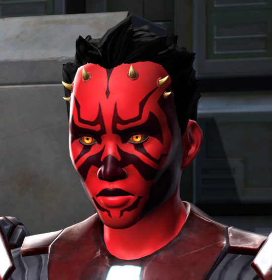 Screenshot from Star Wars: The Old Republic of a red female Zabrak character. She has piercing orange-yellow sith eyes and short black hair.