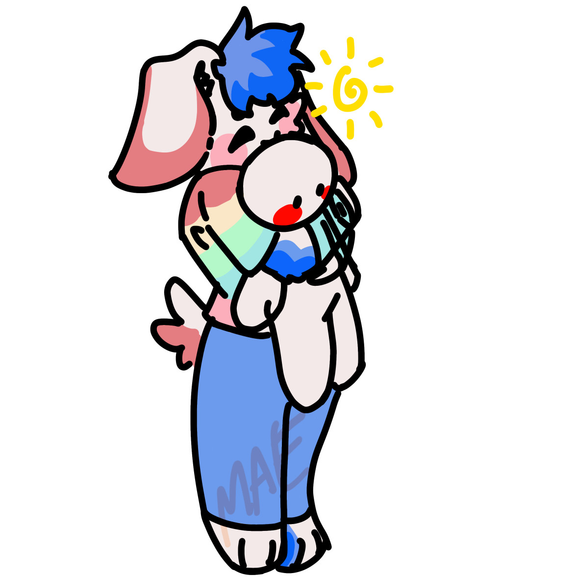 colorful bunny character happily hugs small nondescript character