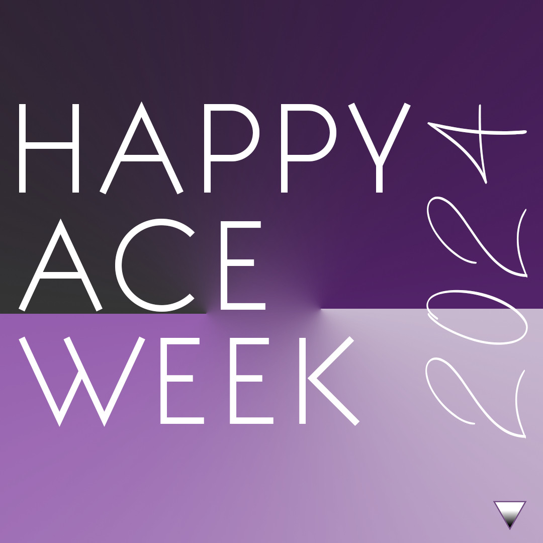 Purple, black, gray, and white gradient square, representing the asexual flag colors, that reads Happy Ace Week 2024 with the AVEN logo in the bottom right corner