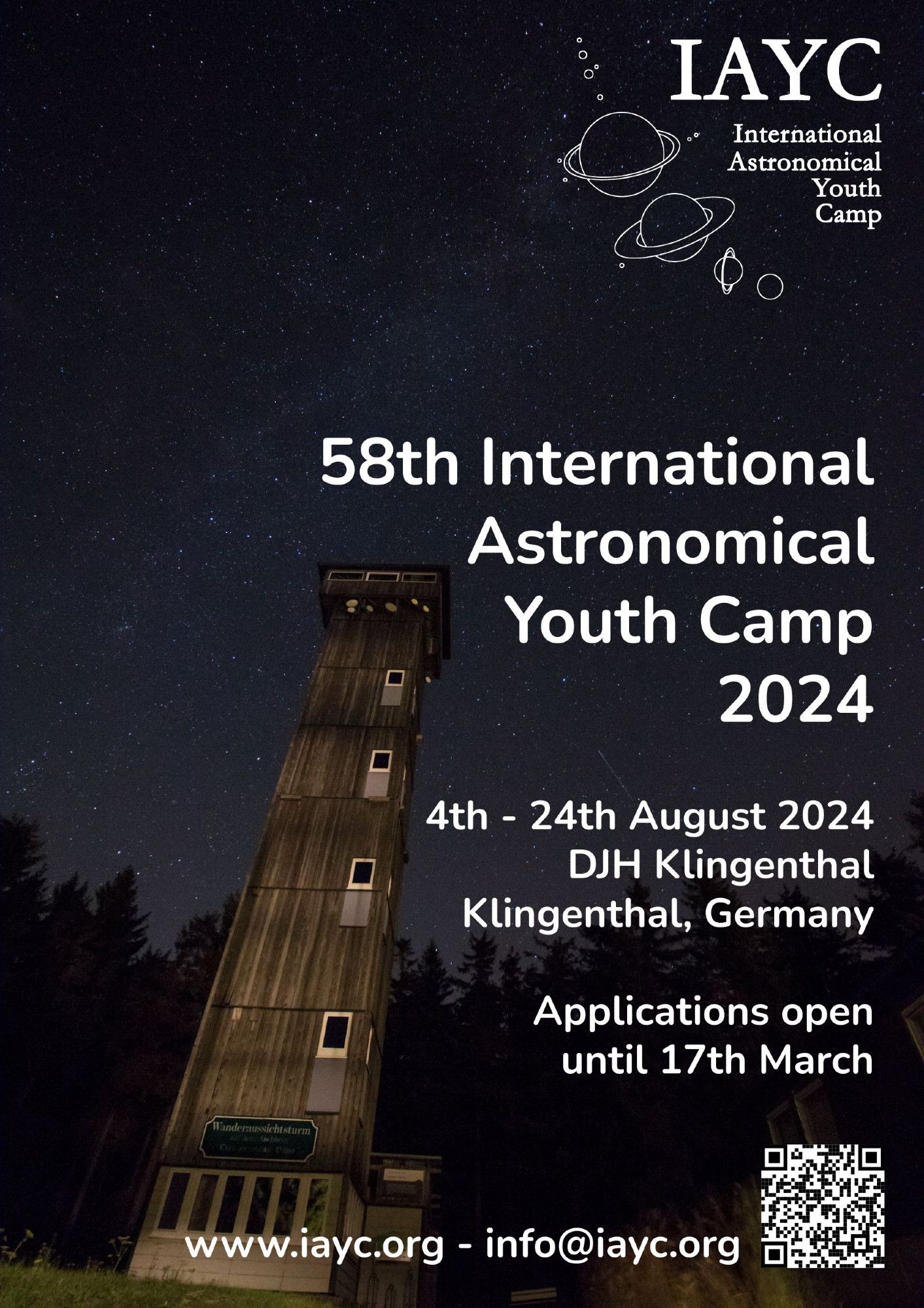 Poster announcing the 58th International Astronomical Youth Camp 2024, taking place 4-24 August 2024 in Klingenthal, Germany. In the background an image of the night sky with a lookout tower in the forest