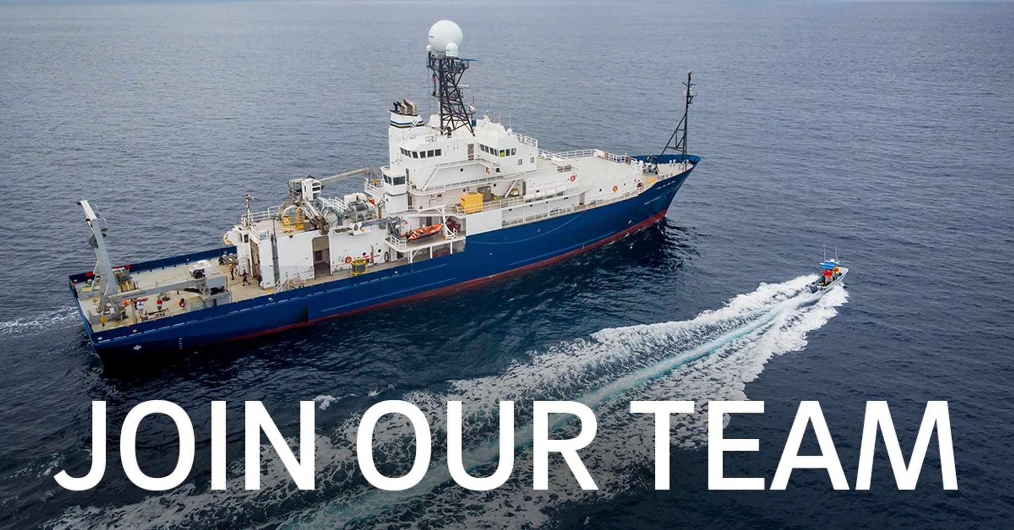 Join our team text over photo of Scripps Oceanography research vessel at sea