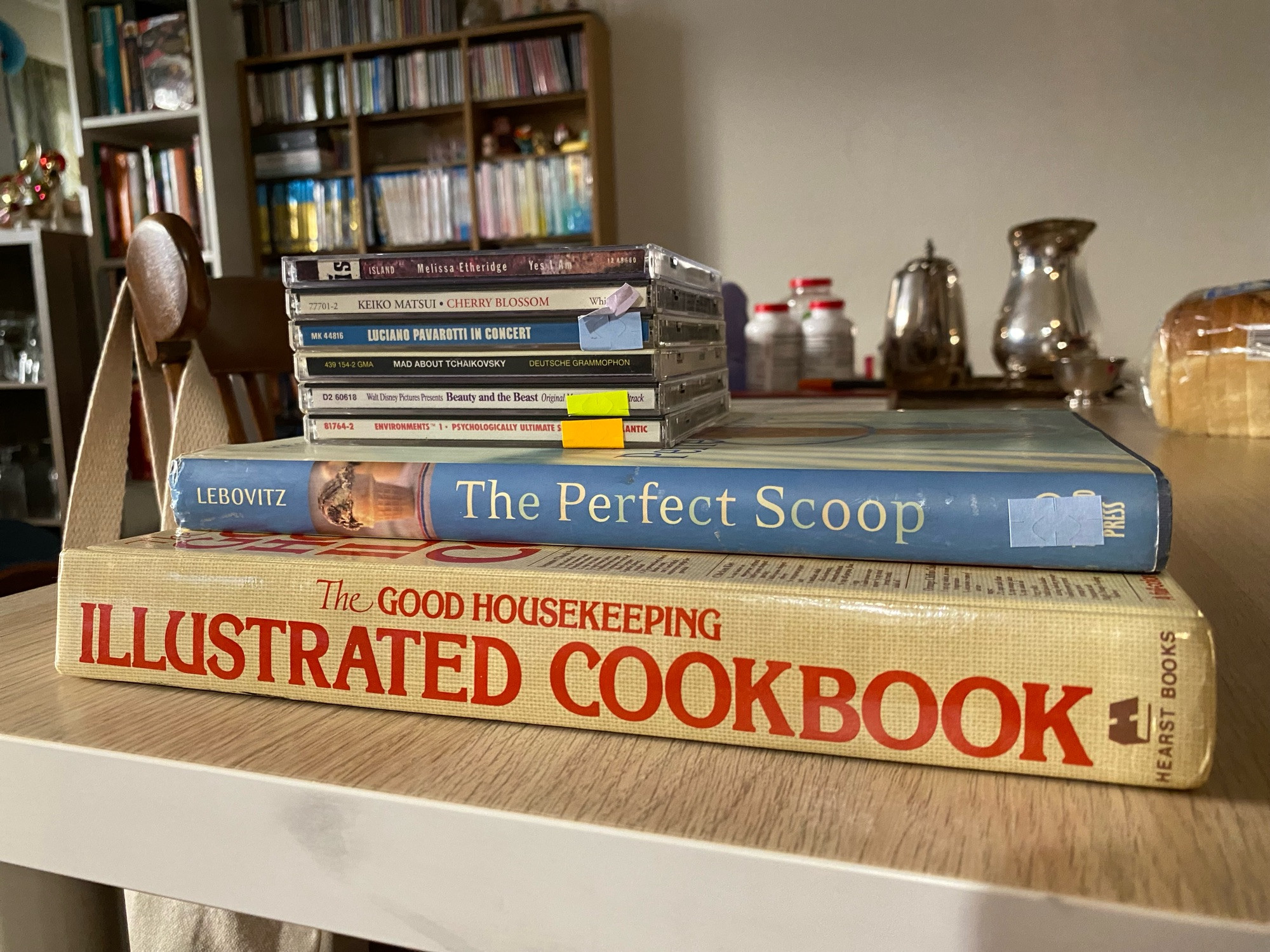 books and CDs: The Good Housekeeping Illustrated Cookbook, The Perfect Scoop, Melissa Etheridge Yes I Am, Keiko Matsui Cherry Blossom, Luciano Pavarotti In Concert, Mad About Tchaikovsky, Beauty and the Beast Original Motion Picture Soundtrack, Environments 1 Psychologically Ultimate Seashore