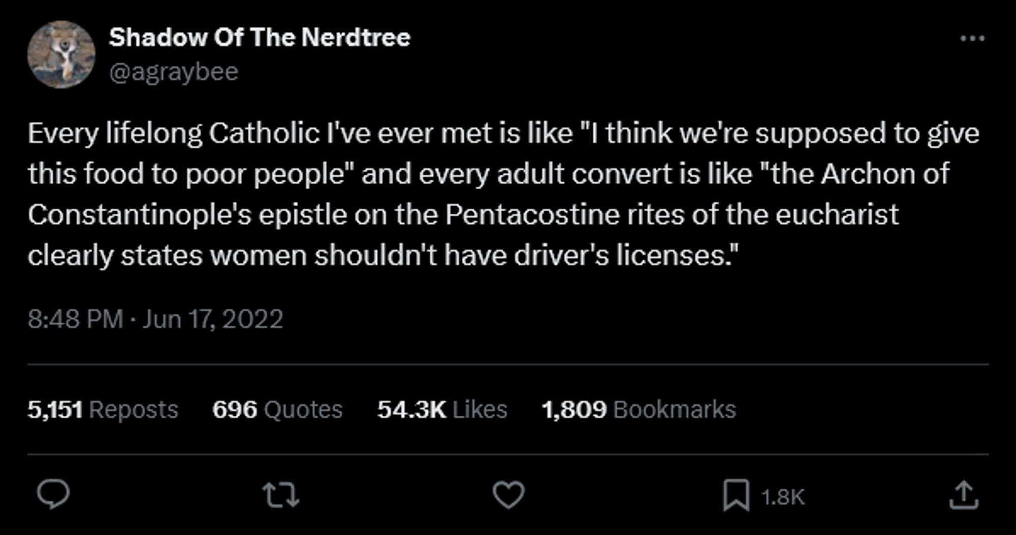 tweet by @agraybee:
Every lifelong Catholic I've ever met is like "I think we're supposed to give this food to poor people" and every adult convert is like "the Archon of Constantinople's epistle on the Pentacostine rites of the eucharist clearly states women shouldn't have driver's licenses."