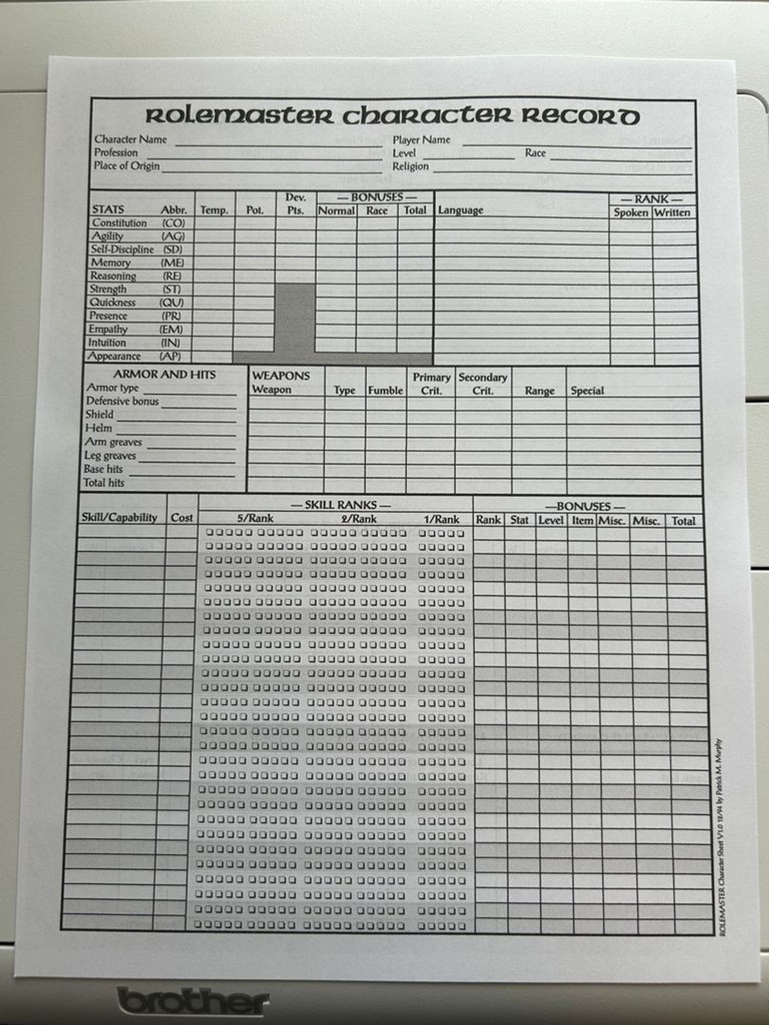 Photo of a Rolemaster 2nd edition character sheet.