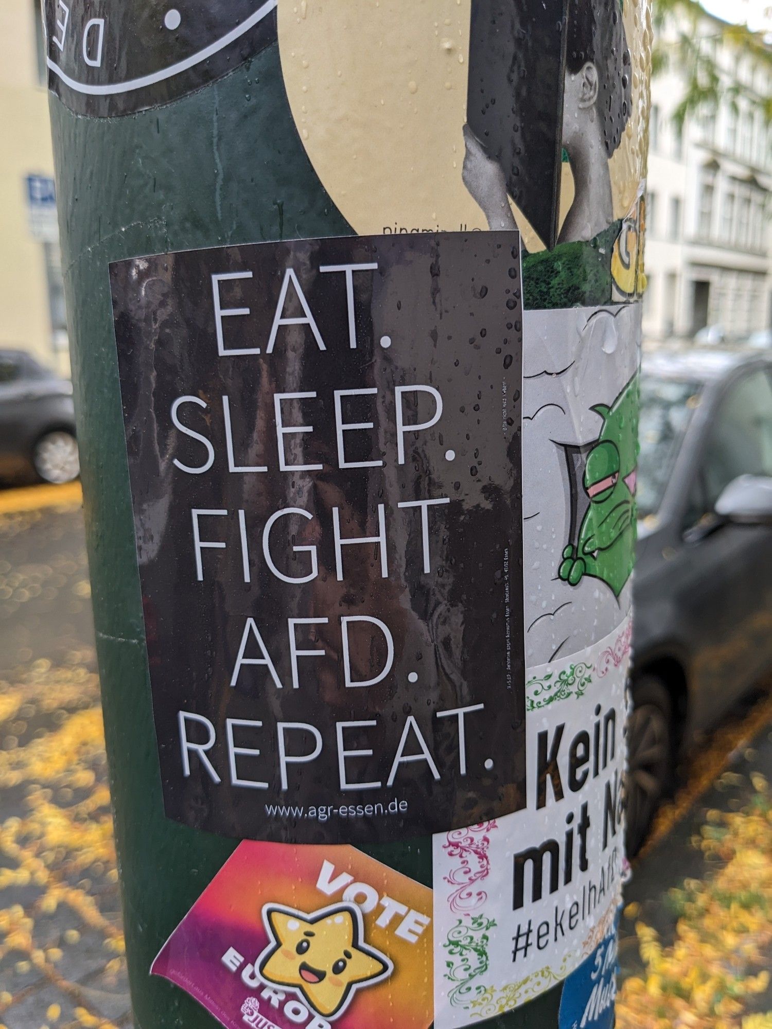 Ein schwarzer Aufkleber auf dem steht: eat. Sleep. Fight AFD. Repeat.