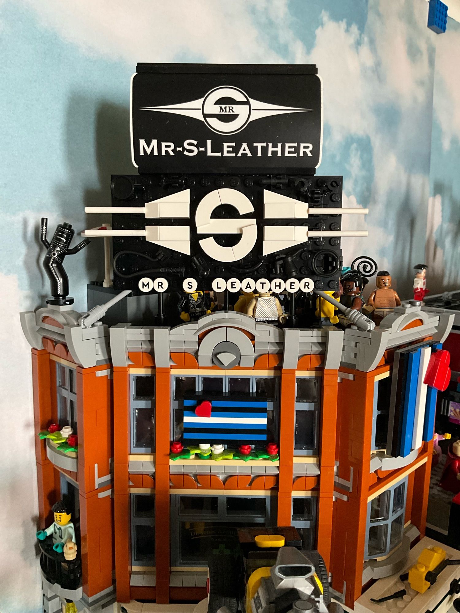 Shot of brick built Mr. S Leather logo with a Mr S sticker used as reference for the build