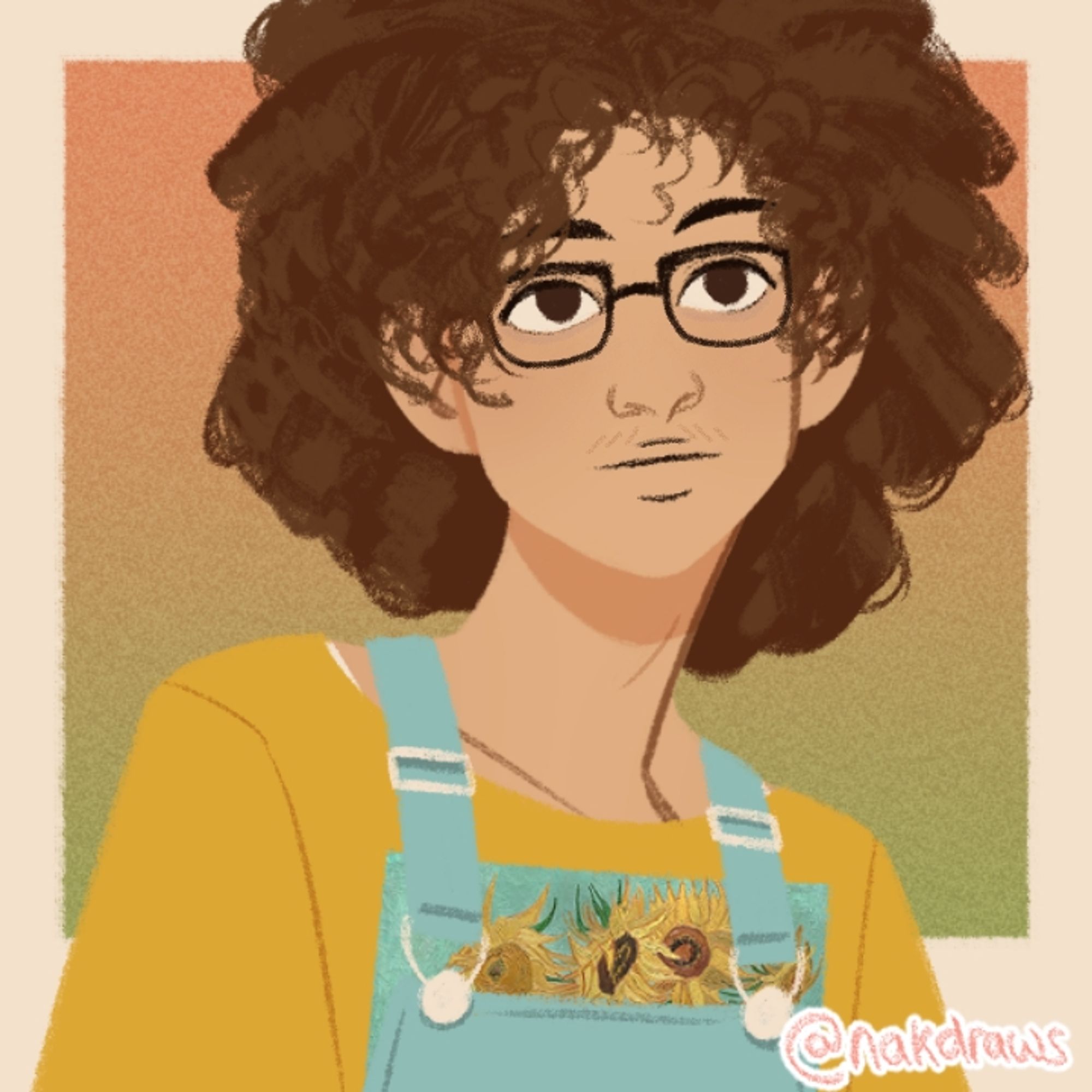 "Nakdraws" picrew of me. In this one I'm wearing a yellow t-shirt and light blue overalls with sunflowers in its pockets