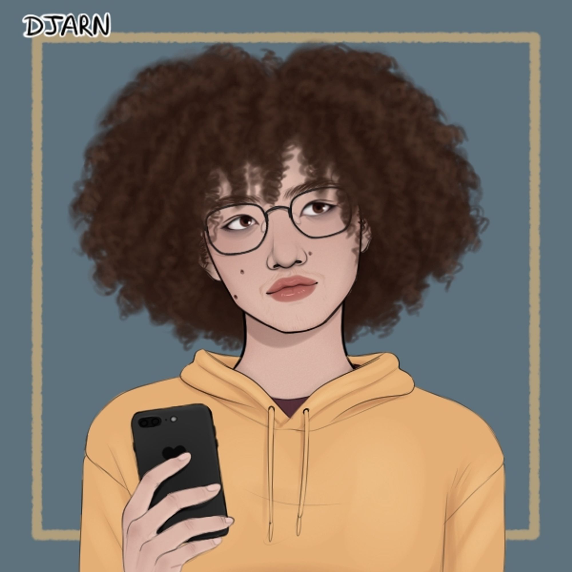 "DJARN" Picrew of me holding a phone. I'm a thin light skinned mixed person. I have brown 4A/4B hair, brown eyes, full lips and thick eyebrows and I wear glasses. I have two moles on one cheek and other near my nose. I'm wearing a yellow hoodie.