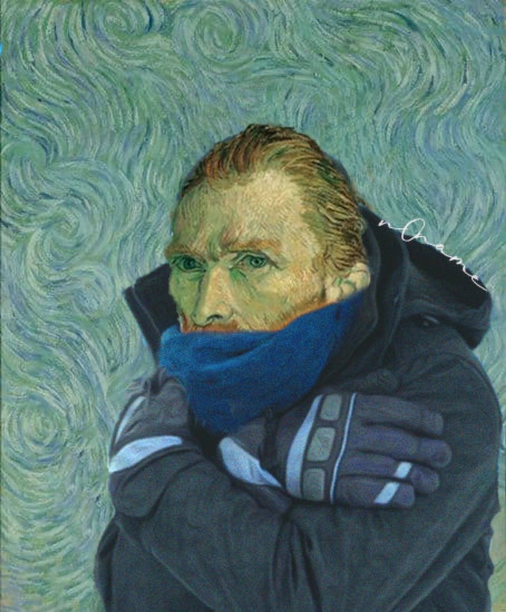 Autoportrait de Vincent Van Gogh emmitouflé dans son manteau.