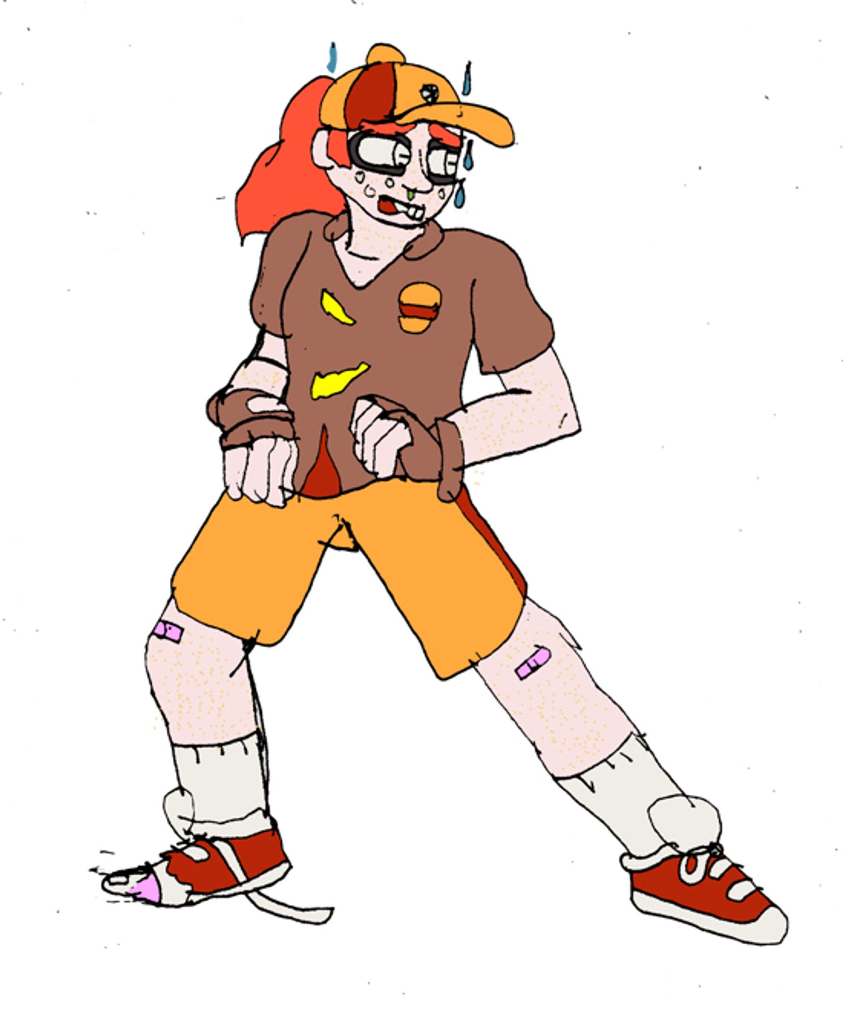 Pizza, a scruffy-ass girl who dresses in her old fast-food uniform as it's the only outfit she owns. The brown shirt has a little burger logo on it, it's covered in ketchup and mustard stains.
Her right shoe and sock are super busted, so her toes are poking through. 
She is standing nervously, sweat drop images around her head as she looks to the side.