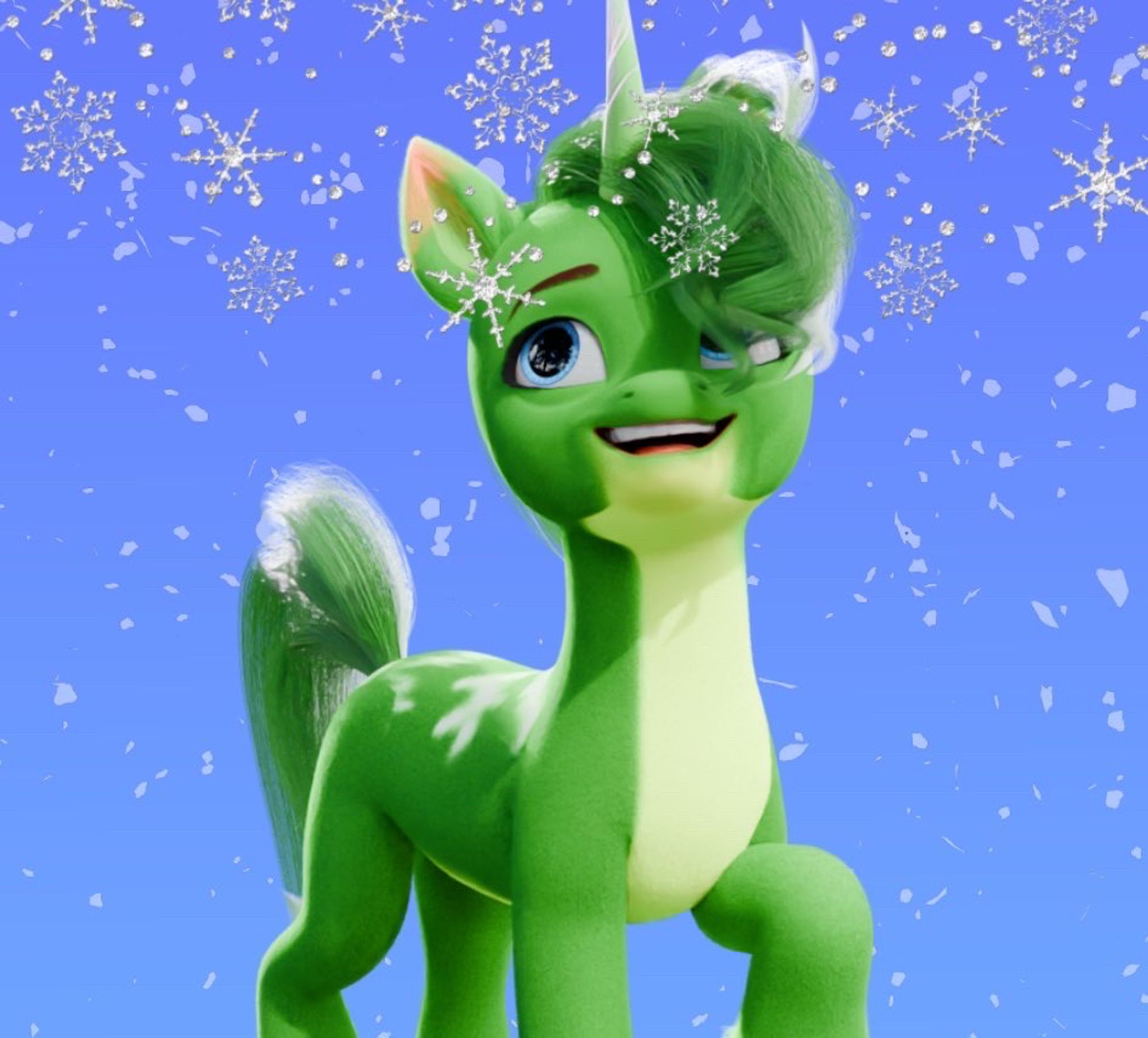 My friend’s green unicorn oc, Drak, looking up at snowflakes as a g5 movie style model