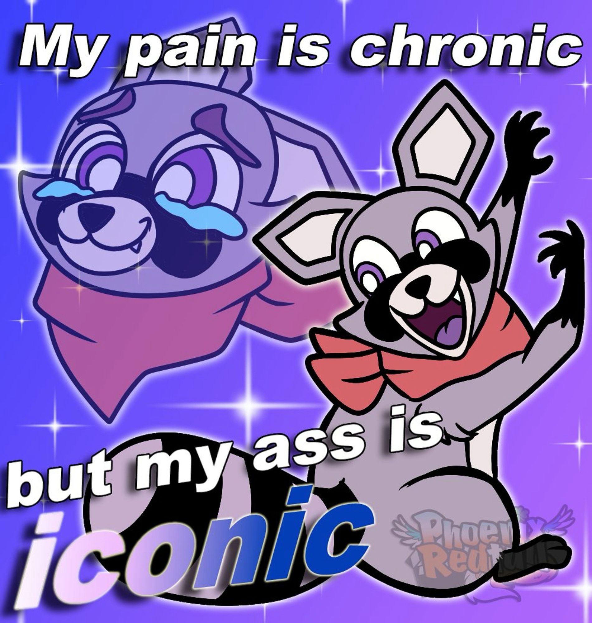 Rambley with the text “my pain is chronic but my ass is iconic”, in reference to a meme that usually has a raccoon in it with this text