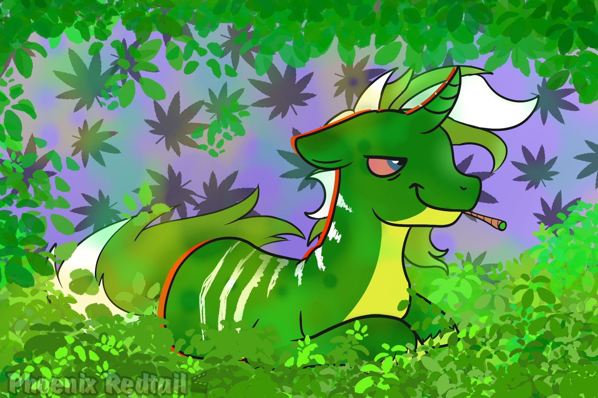 A stoned Drak in the grass, with a purple weed pattern behind him