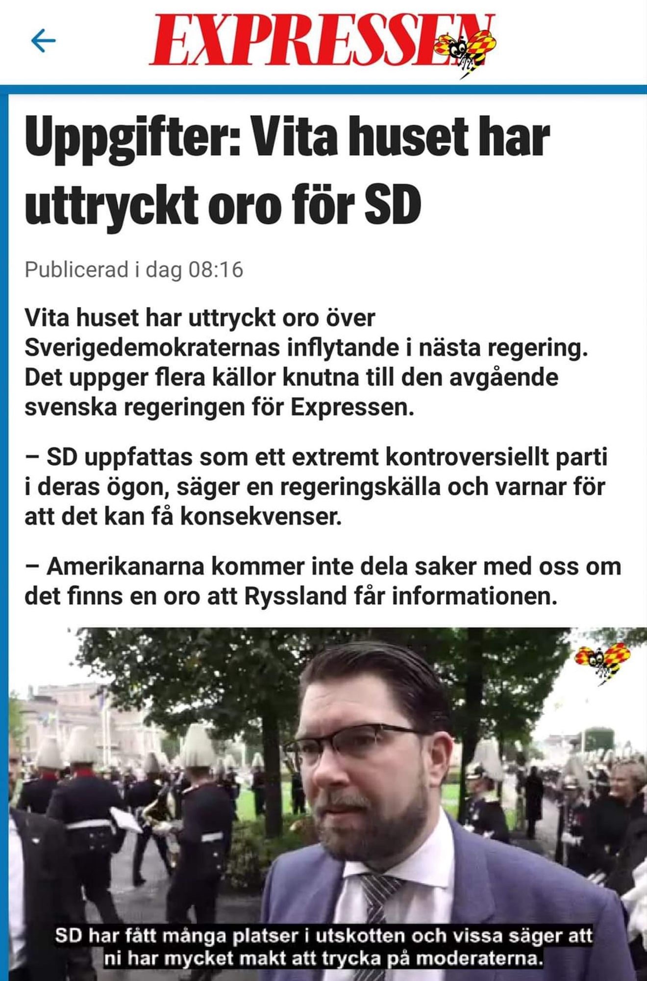 Vita huset uttrycker oro i en gammal artikel ang sverigedemokraterna som uppfattas som extremt kontroversiella.