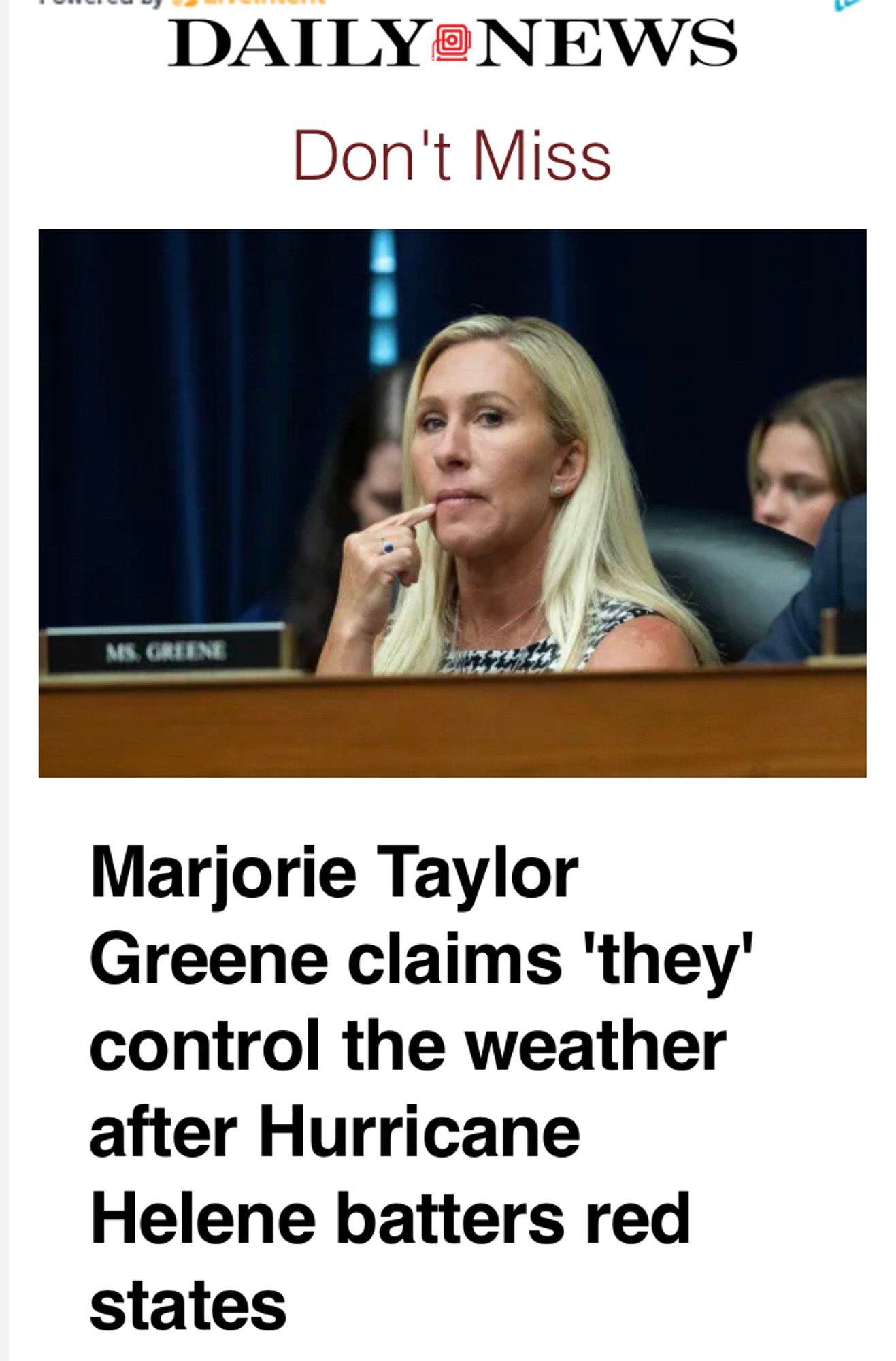 A Daily Mail headline about Marjorie Taylor Greene  achieving new levels of both antisemitism and dumbassitude by claiming that “they” control the weather.