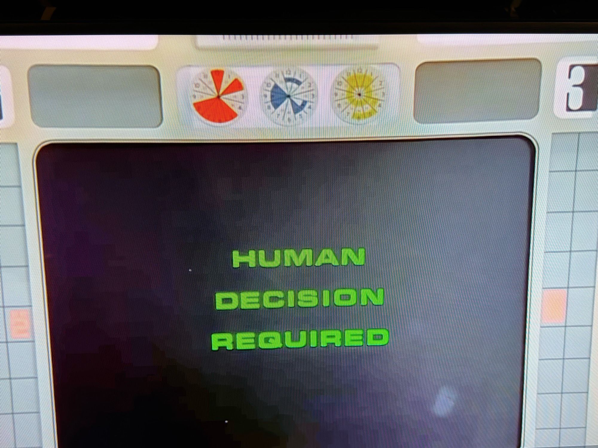 Computer screen from Space: 1999 reading Human Decision Required