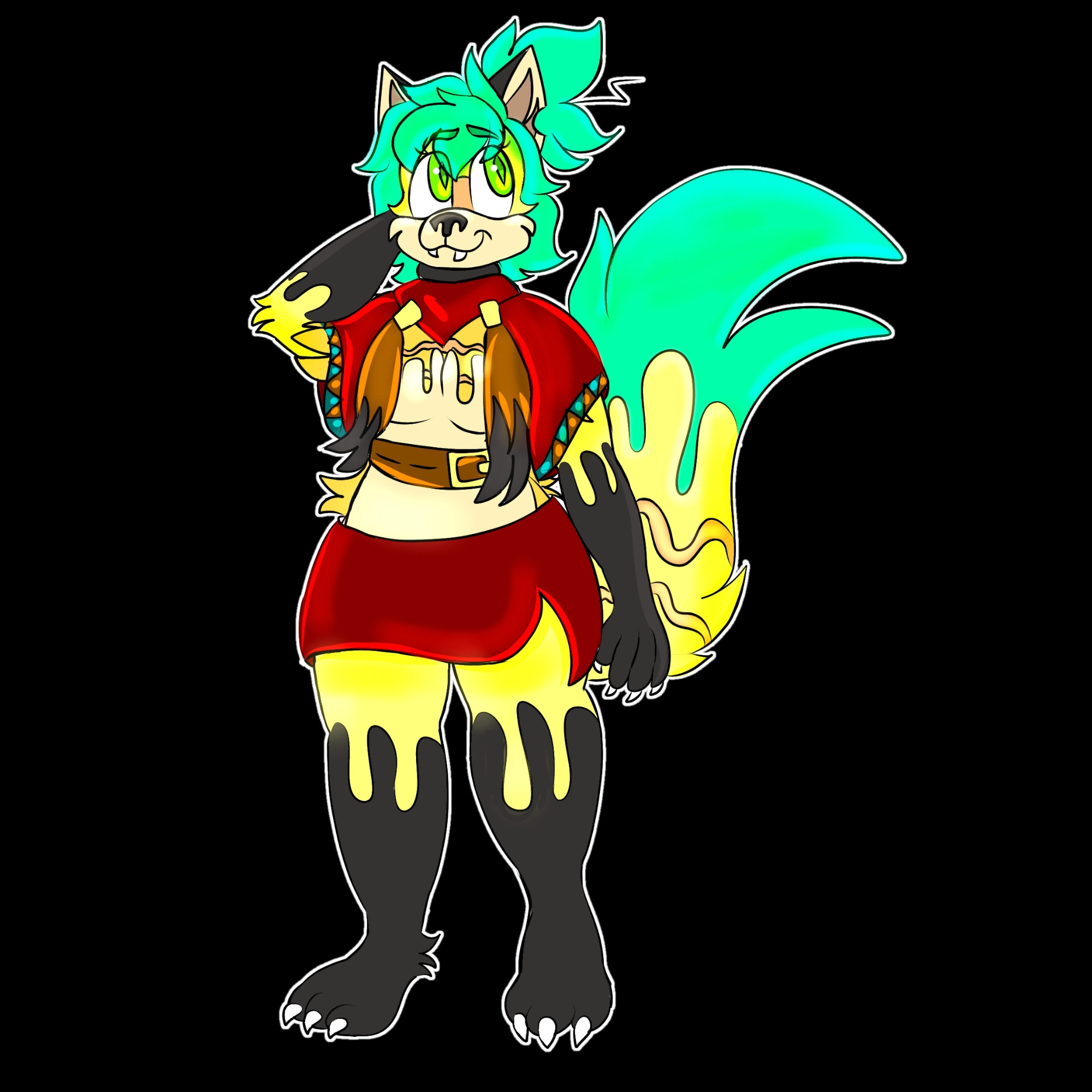 A fox girl with yellow dark gray fur wearing a poncho of sorts that is red with brown and bluish green accents and a matching skirt the shirt part has brown and dark gray tassels she has green hair and a green tipped tail with tiger like stripes on it the tail is big and puffy her eyes are a different shade of green and have little diamond pupils that are an even darker green