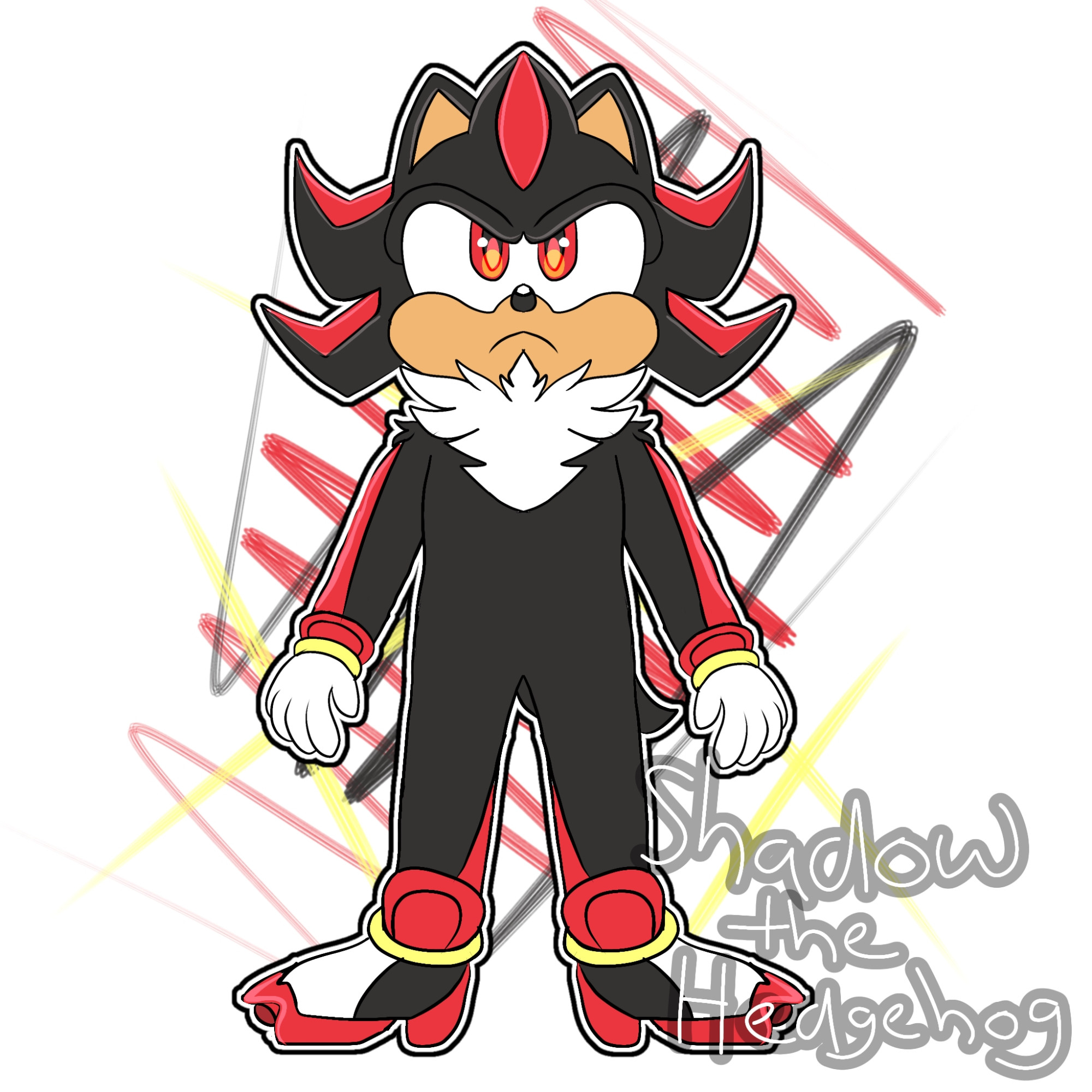 An image of shadow the hedgehog from the sonic the hedgehog series. He's posing in a tense stance looking towards the camera standing facing the front hands to his side with a determined look on his face!