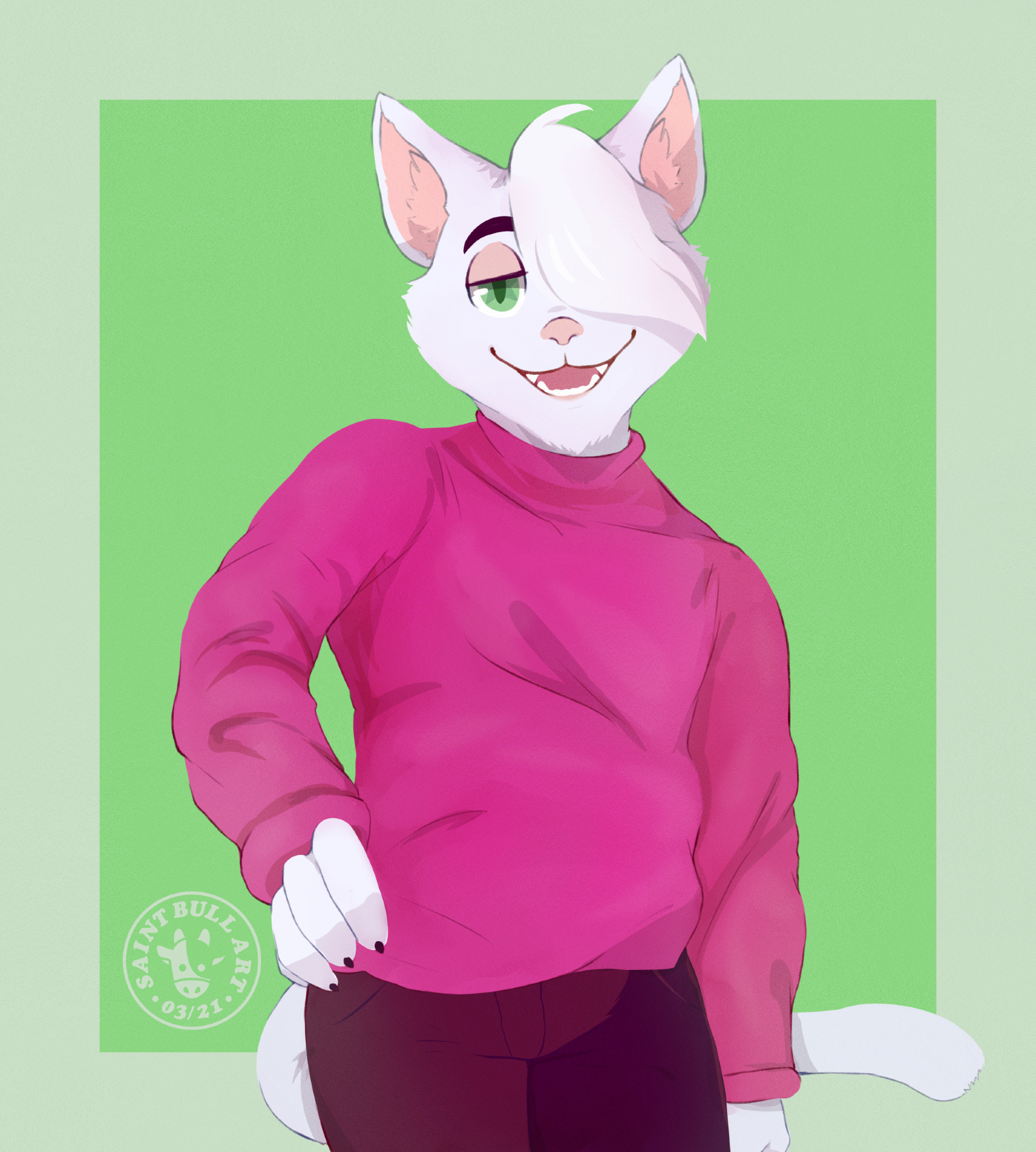 Art of Cyril wearing a pink sweater from 2021 🎨🐂