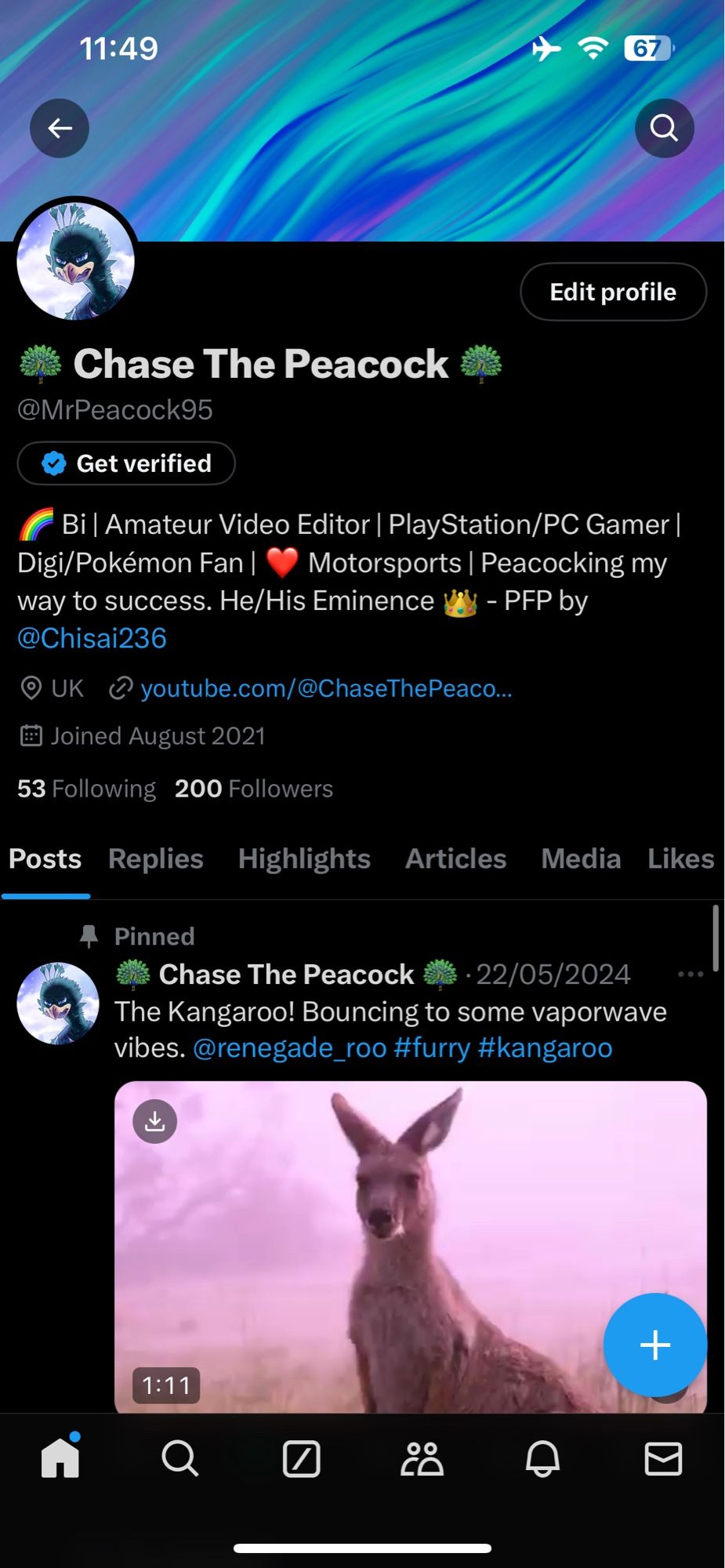 Chase The Peacock’s Twitter profile page.