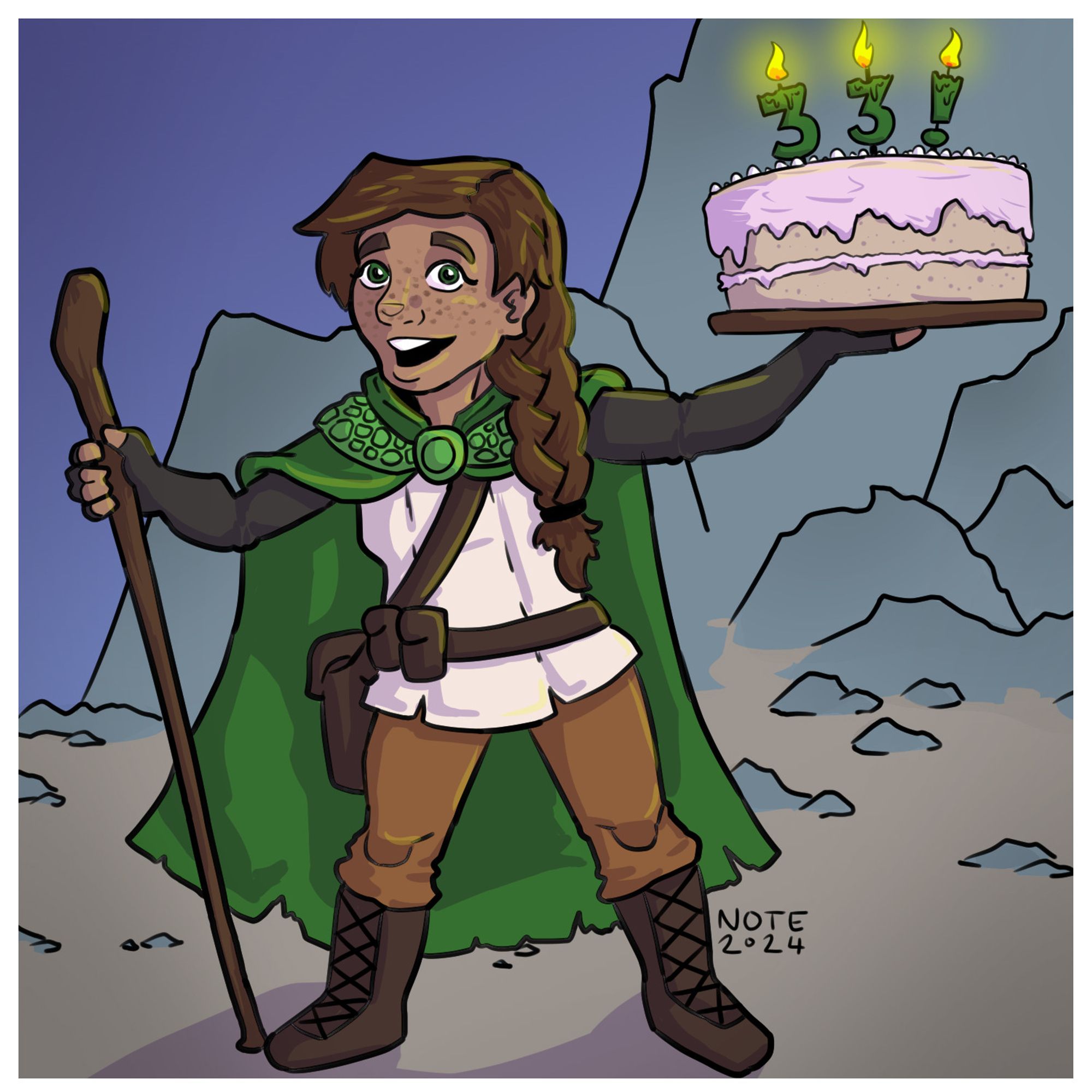 A colored drawing of a gnome woman with a long brown braid in front of a rocky background. She's holding a staff in one hand and wearing a green cloak. She looks excited as she holds up a giant layer cake with lit candles that say "33!" on it.