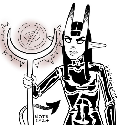 A digital ink drawing of a woman with horns, long ears, and a tail wearing a latex suit and holding a mage staff that shows a glowing symbol of an eye with a line through it, suggesting looking is not allowed.