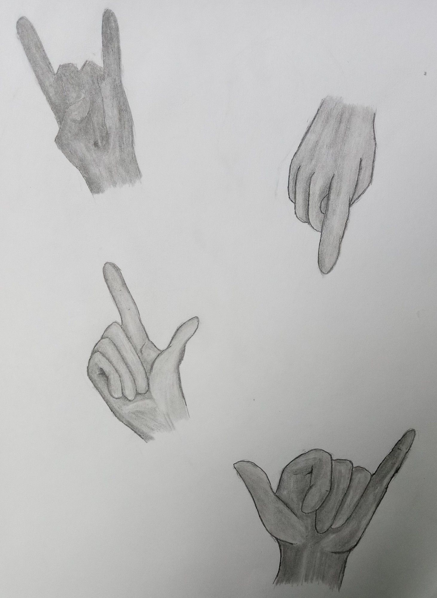 A graphite drawing of hands in four different poses. One hand is pointing, one hand is making "devil horns," one hand is signing L in ASL, and one hand is signing Y in ASL.