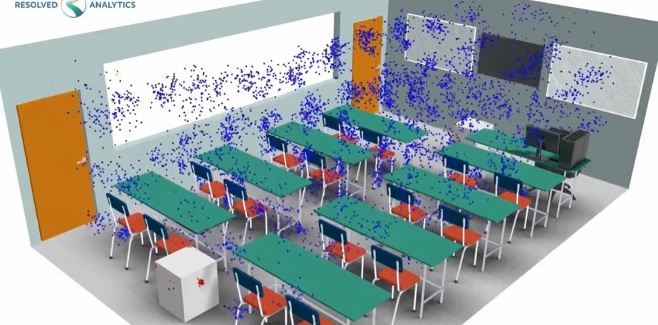 image of classroom with viral particles/aerosols floating in the air