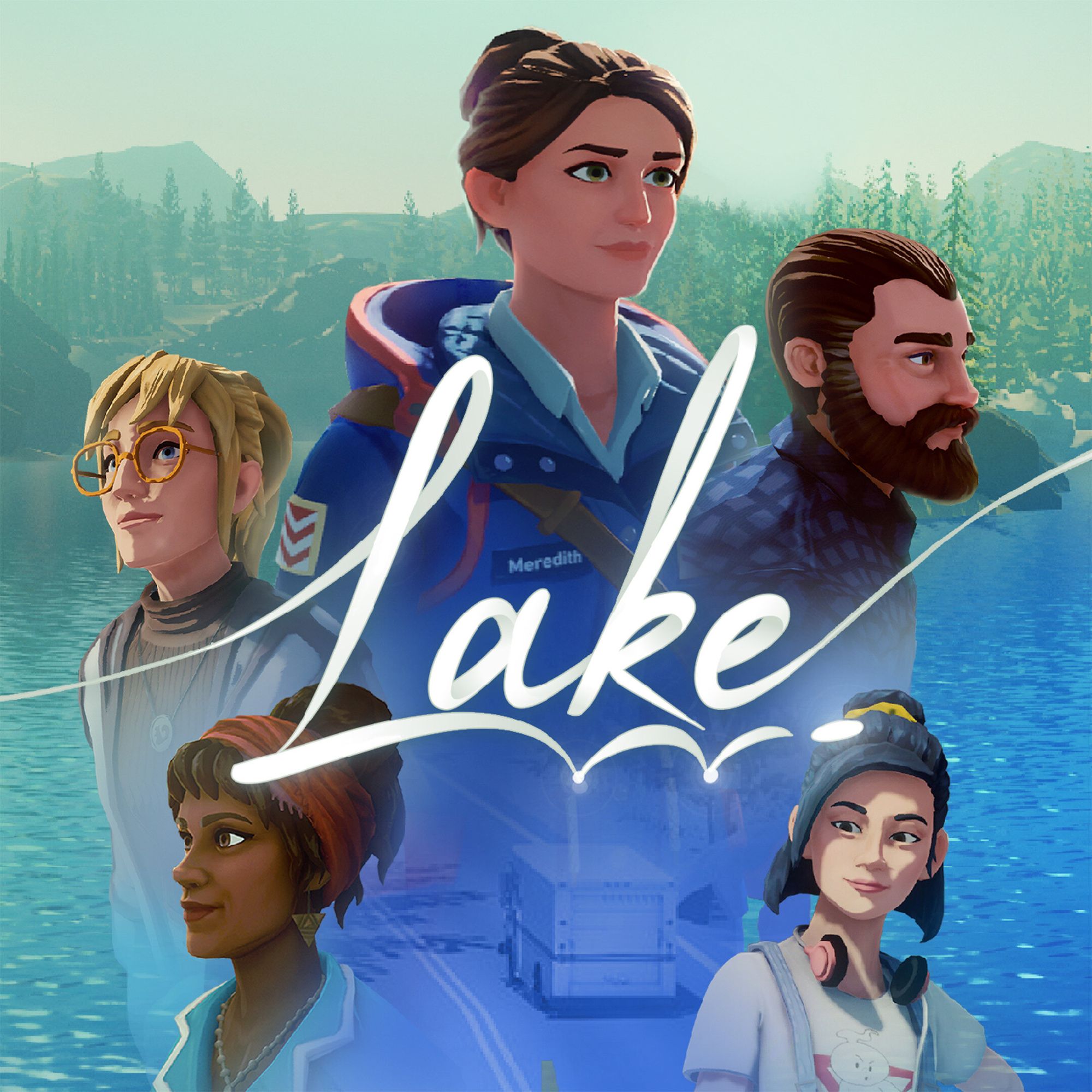 Text: Lake | Image: Five silhouettes of townsfolk look out into the distance surrounded by a serene blue lake and green forest