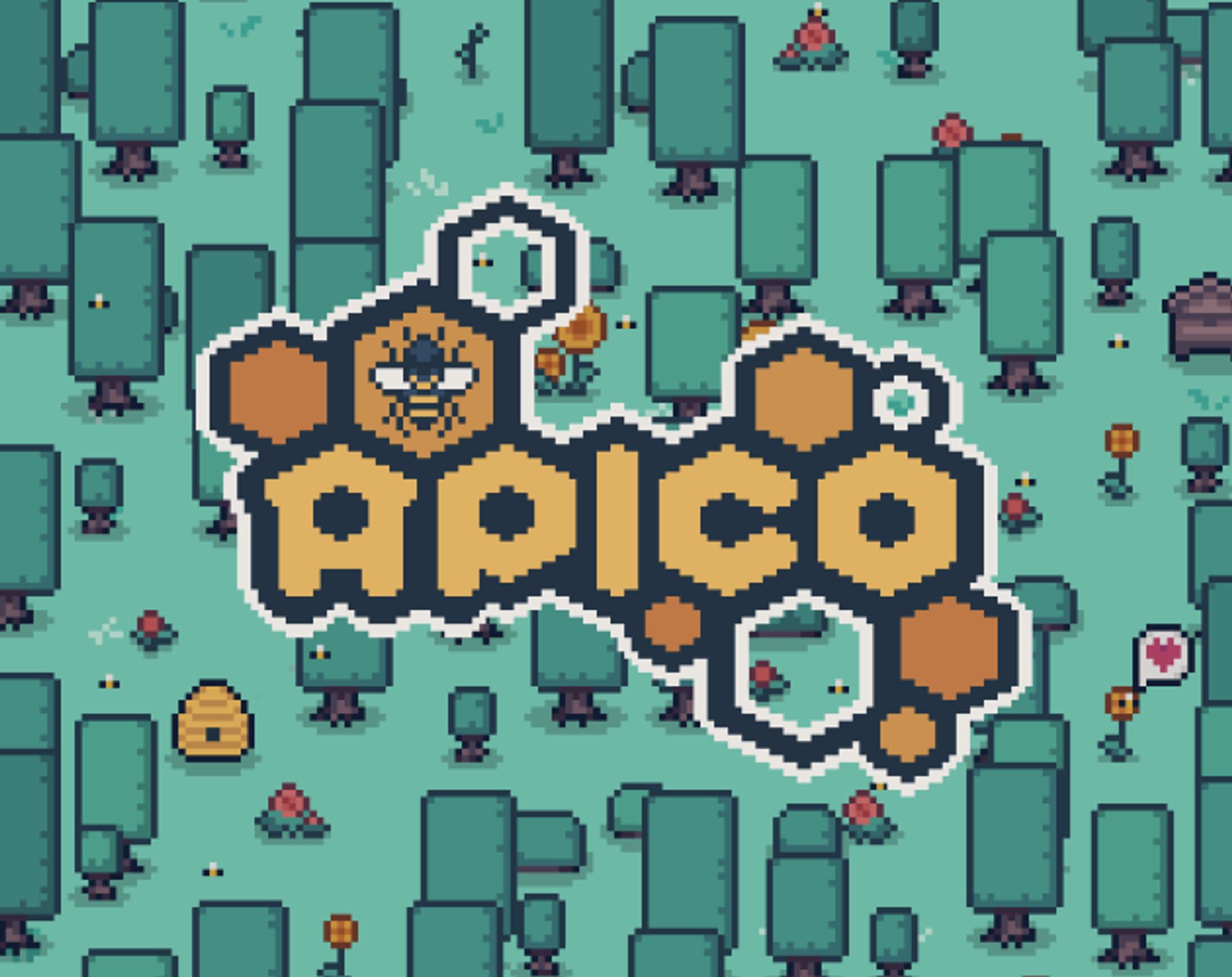 Text: APICO | Image: A pixelated forest full of lush trees, flowers, honeycomb, and beehives