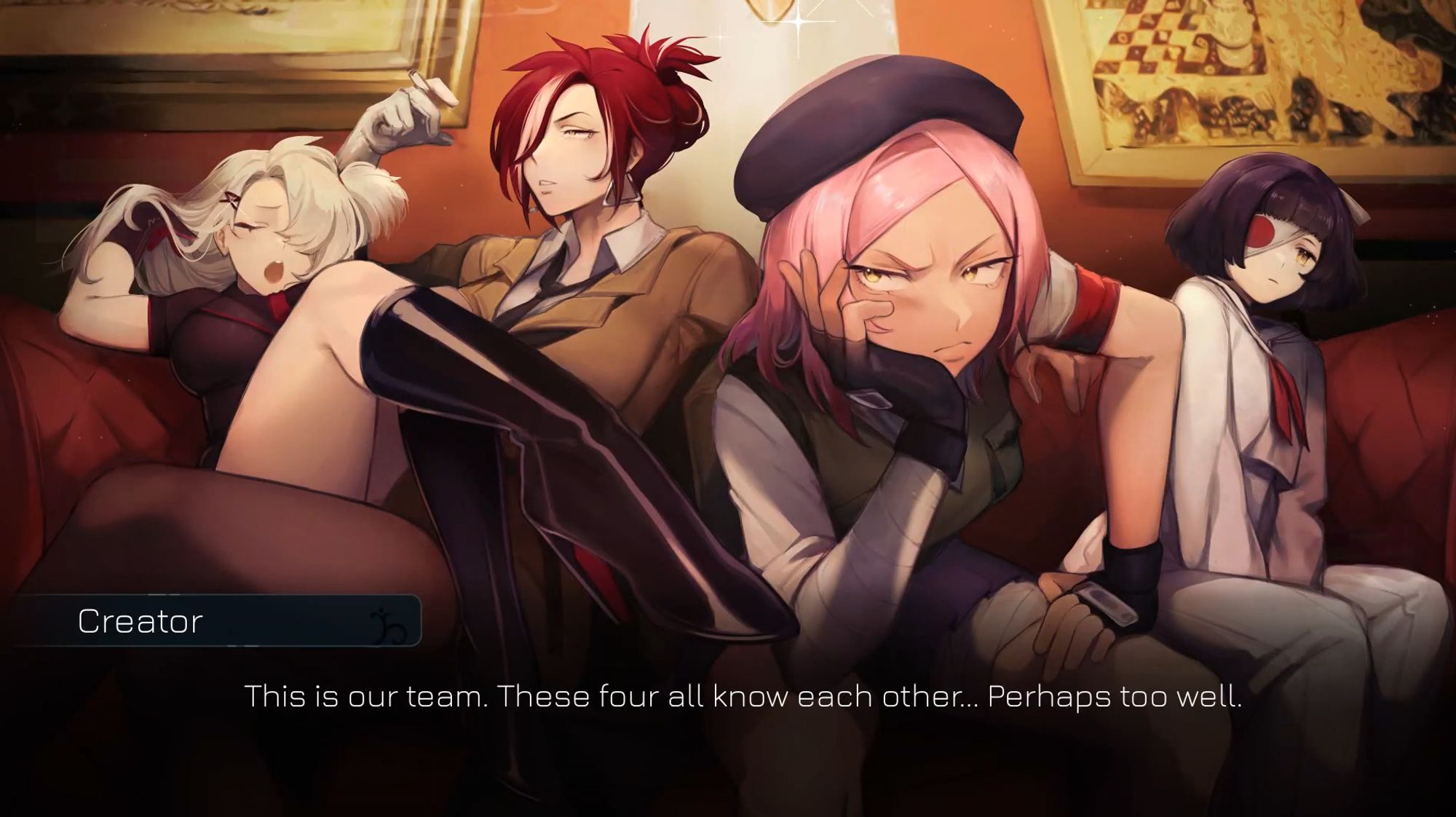 Text: Creator: This is our team. Thesr four all know each other... Perhaps too well. | Image: Four magical anime girls sit together on a red couch pondering their next move.