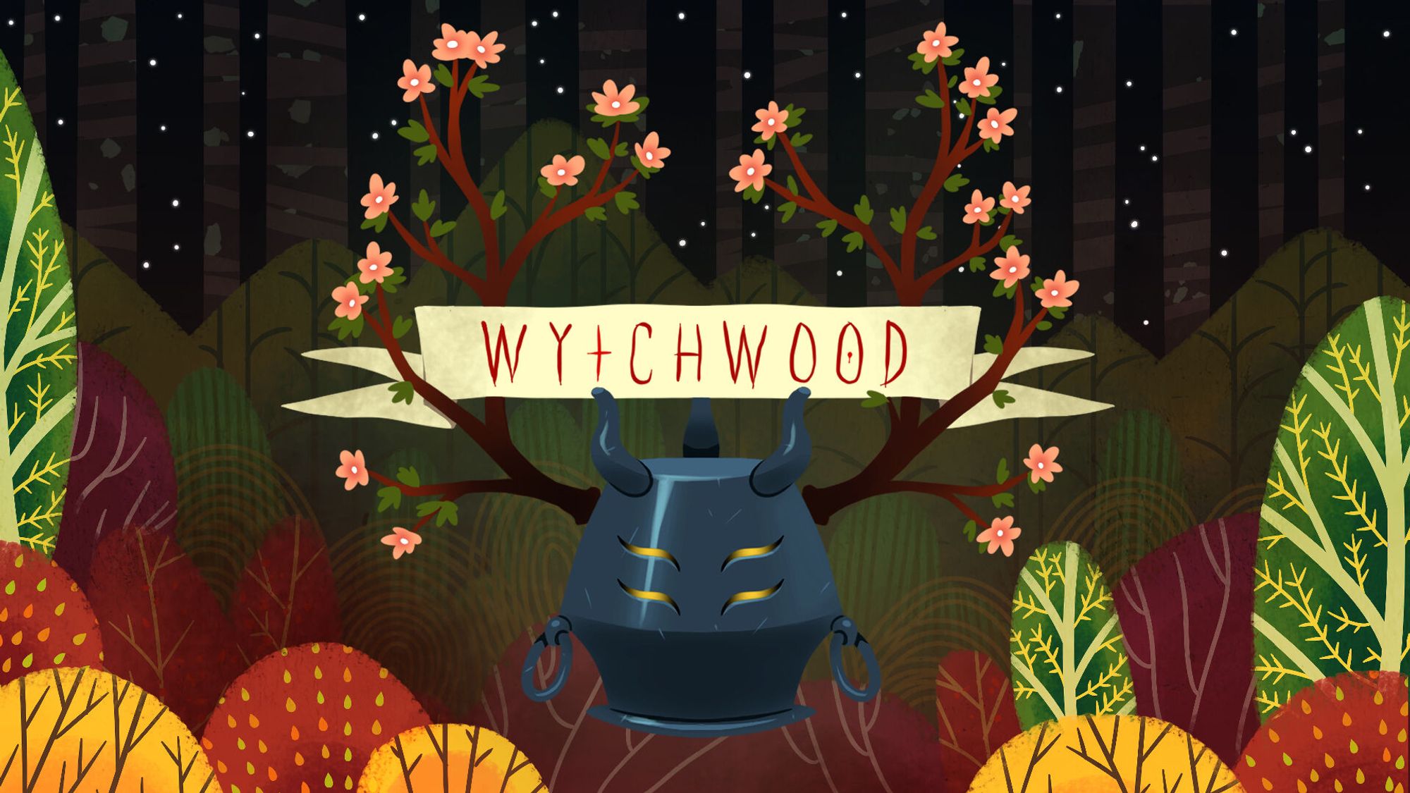 Text: Wytchwood | Image: An upside down metal cauldron with four yellow eyes and long flowered antlers gazes at you from amidst a colorful forest under a night sky