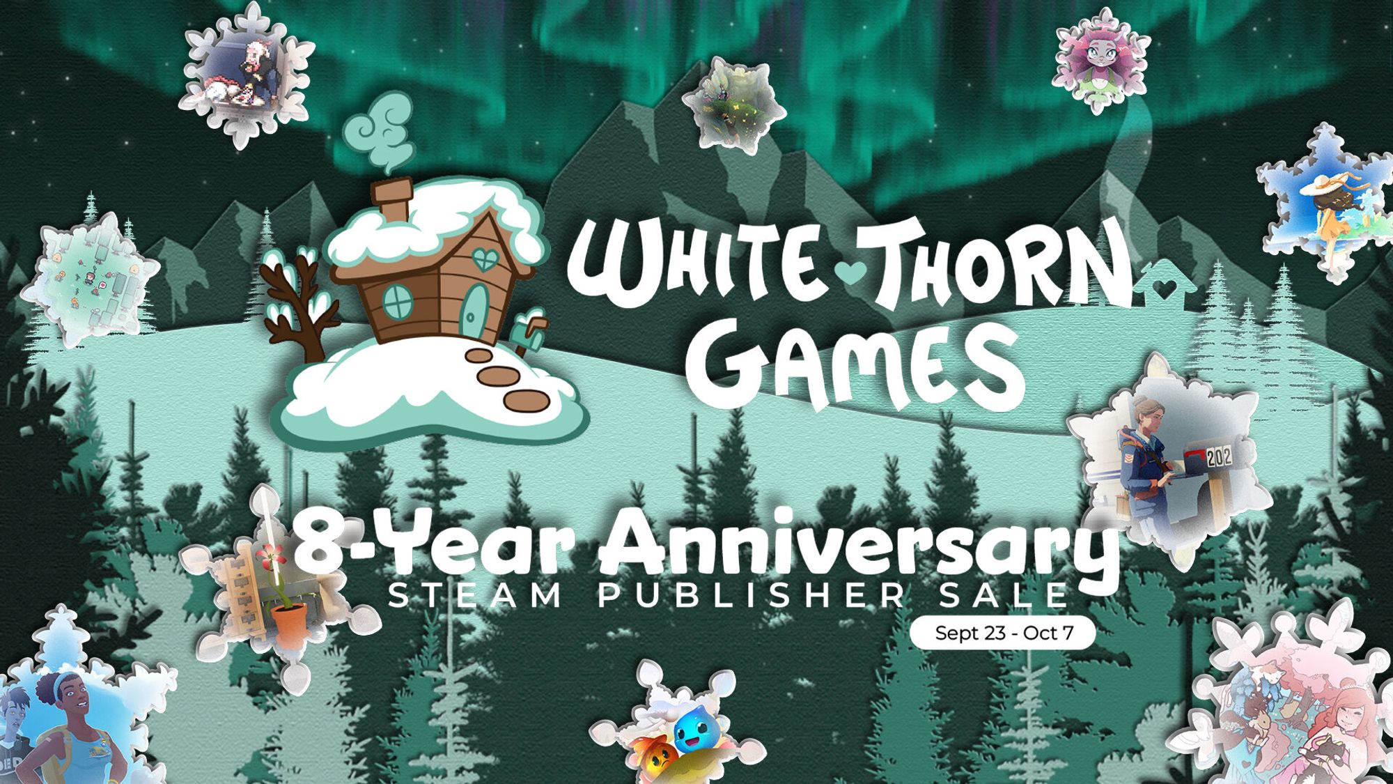 Text: Whitethorn Games 8-Year Anniversary Steam Publisher Sale, Sept 23-Oct 7 | Image: A lush green forest in the background with white snowflakes falling from the sky each with a Whitethorn game character inside!