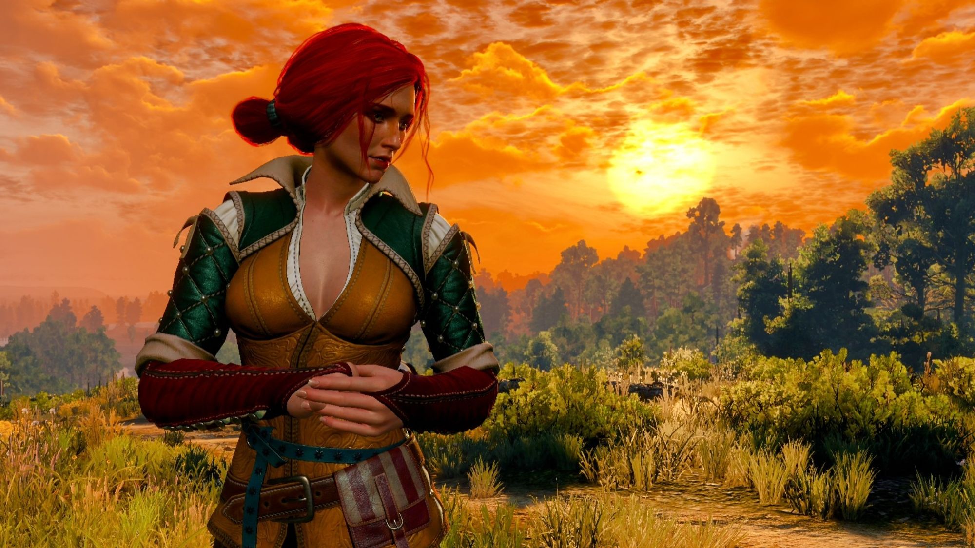 Triss Merigold from The Witcher 3 looking over her shoulder at the the sunset