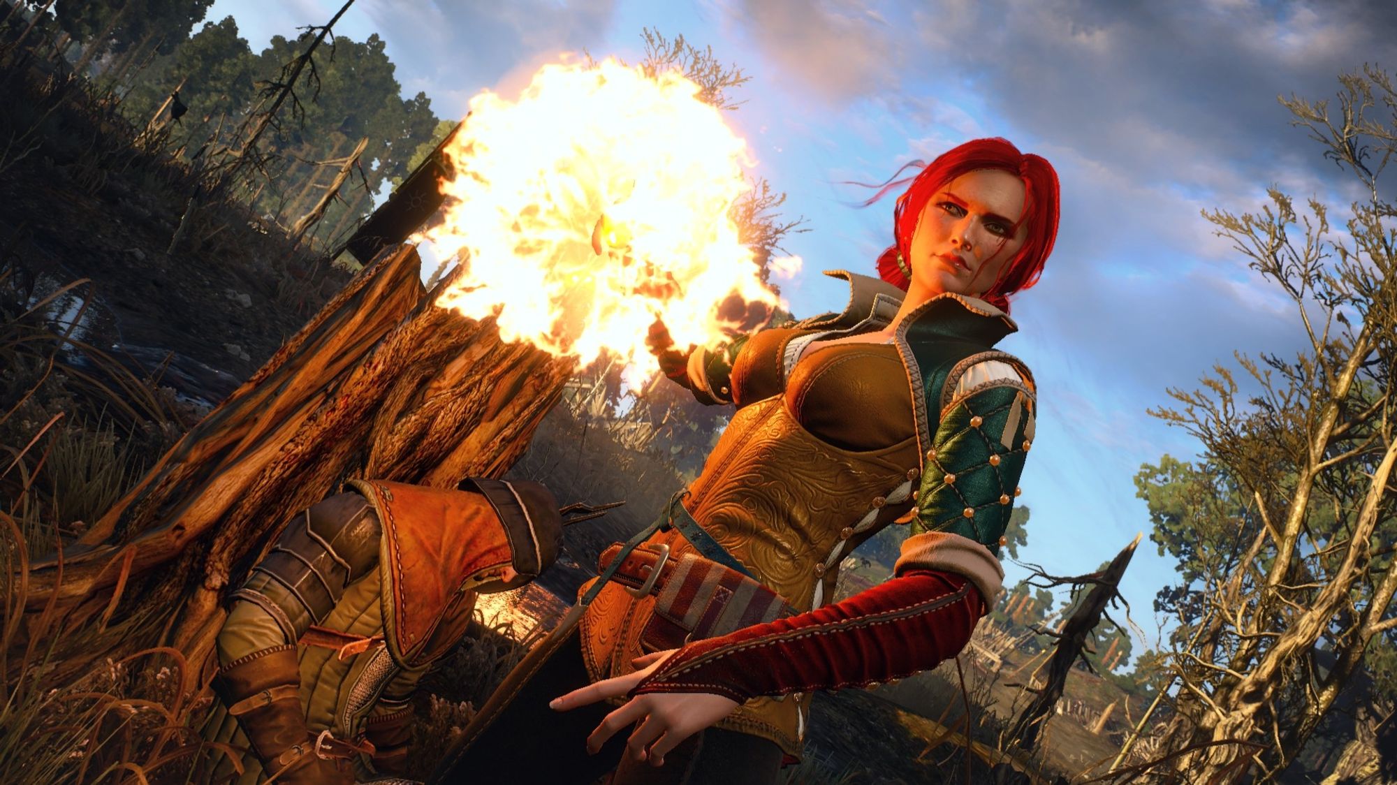 Triss Merigold standing in front of a fallen soldier with a fist wreathed in flames