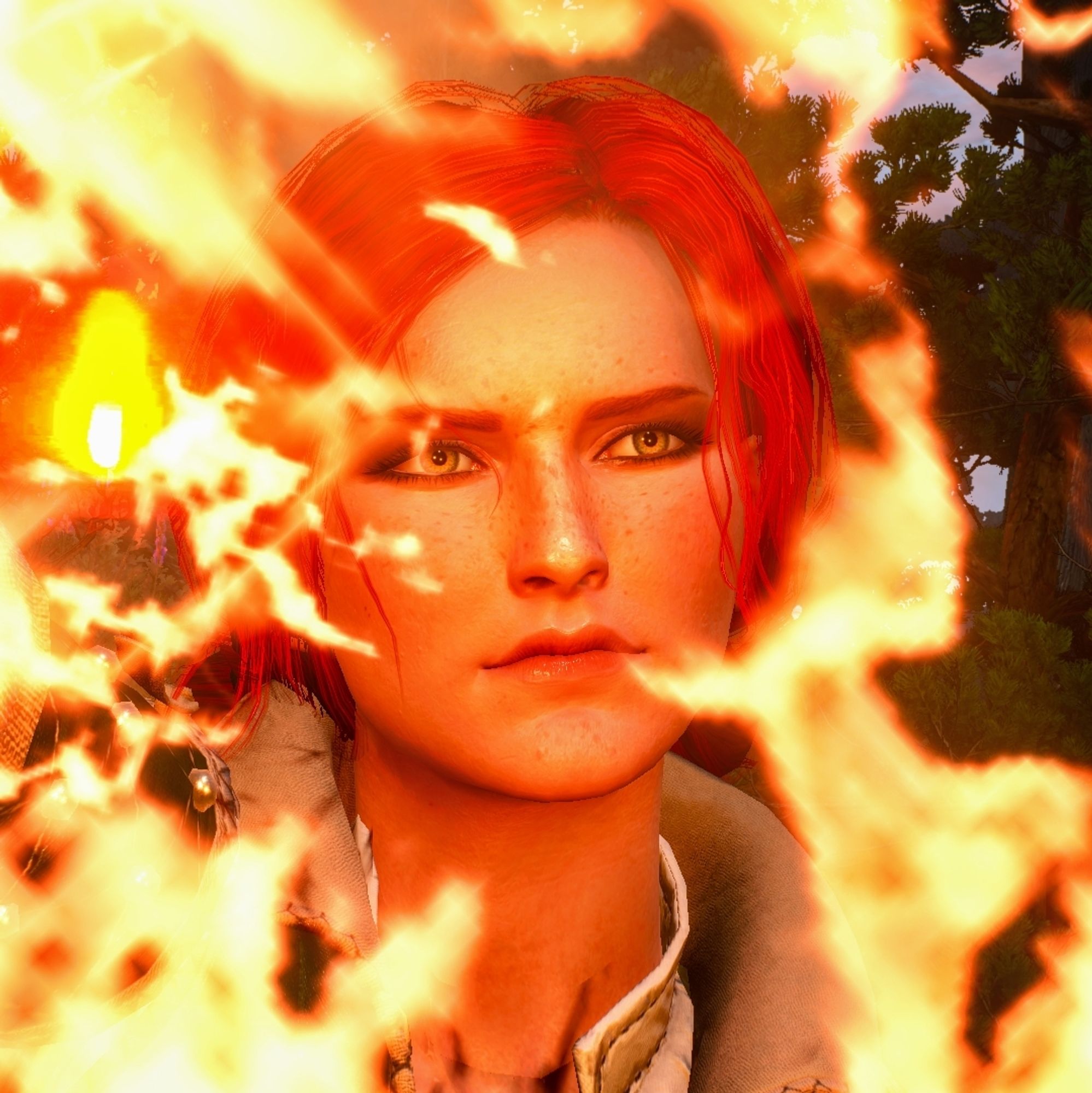 Triss Merigold from The Witcher 3 wreathed in flames