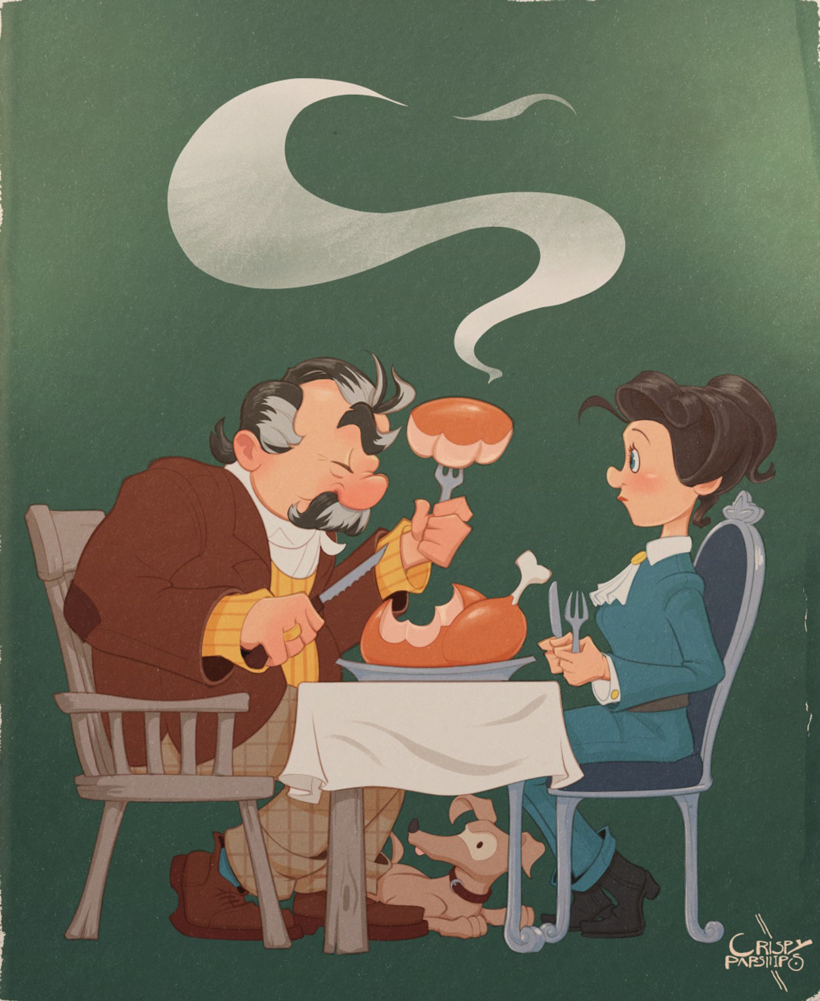 An illustration in the stylised form of Vernon Grant (inventor of the cereal mascots Snap, Crackle and Pop, as it happens). The two are sat either side of a small dining table holding a steaming roast turkey. Penny, on the right, wears her hair up and a sleek suit, upon a silvery gilded chair, cutlery in hand waiting to eat. Her father, sat in a rickety wooden chair and a piecemeal outfit of browns and yellows, has already carved a great chunk out of the turkey and is ready to tuck in! Their dog Battenberg lays eagerly beneath the table awaiting scraps.