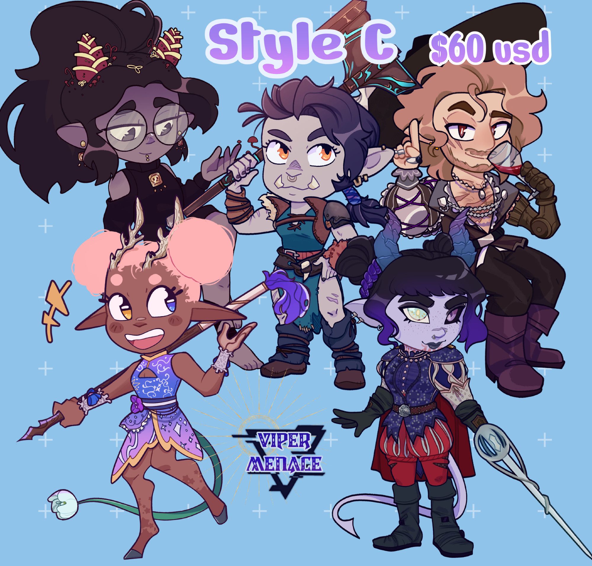 Detailed Chibis! 
These have slightly longer turnaround times due to packing in details. 
Weapons are 20 usd extra
1-2 characters only